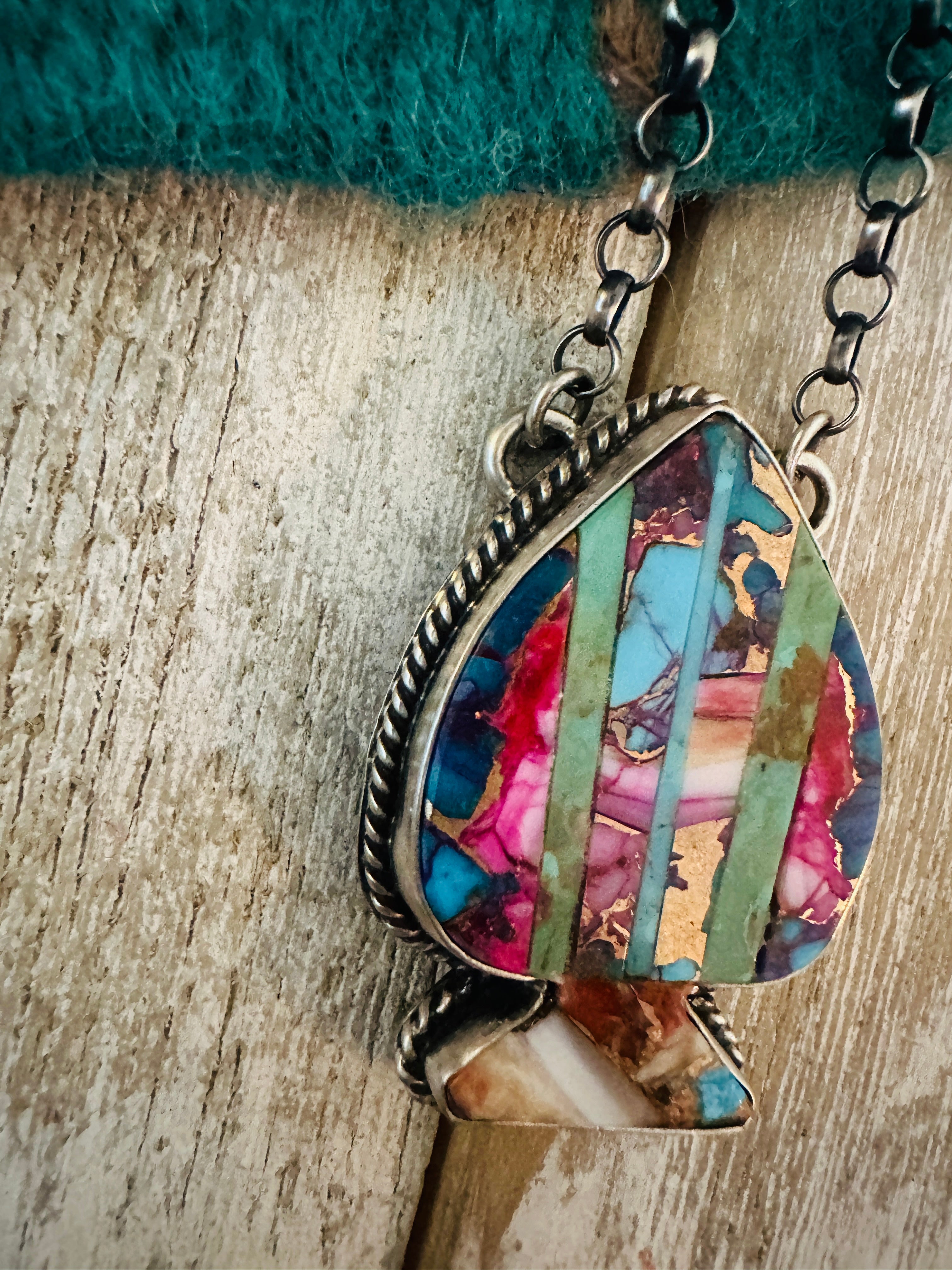 Navajo Sterling Silver & Multi Stone Inlay Spade Necklace