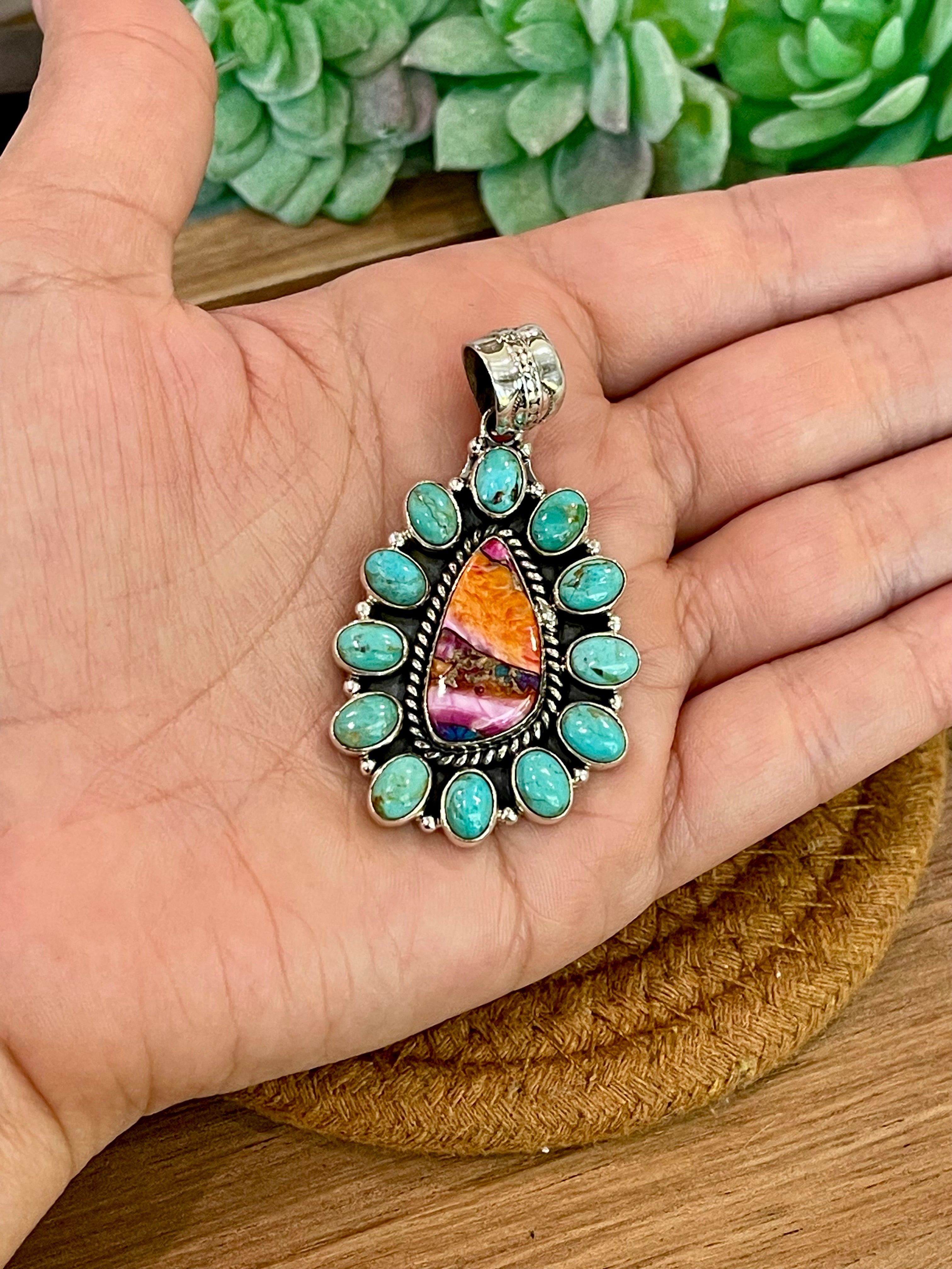 Handmade Sterling Silver,Turquoise & Pink Dream Mojave Cluster Pendant