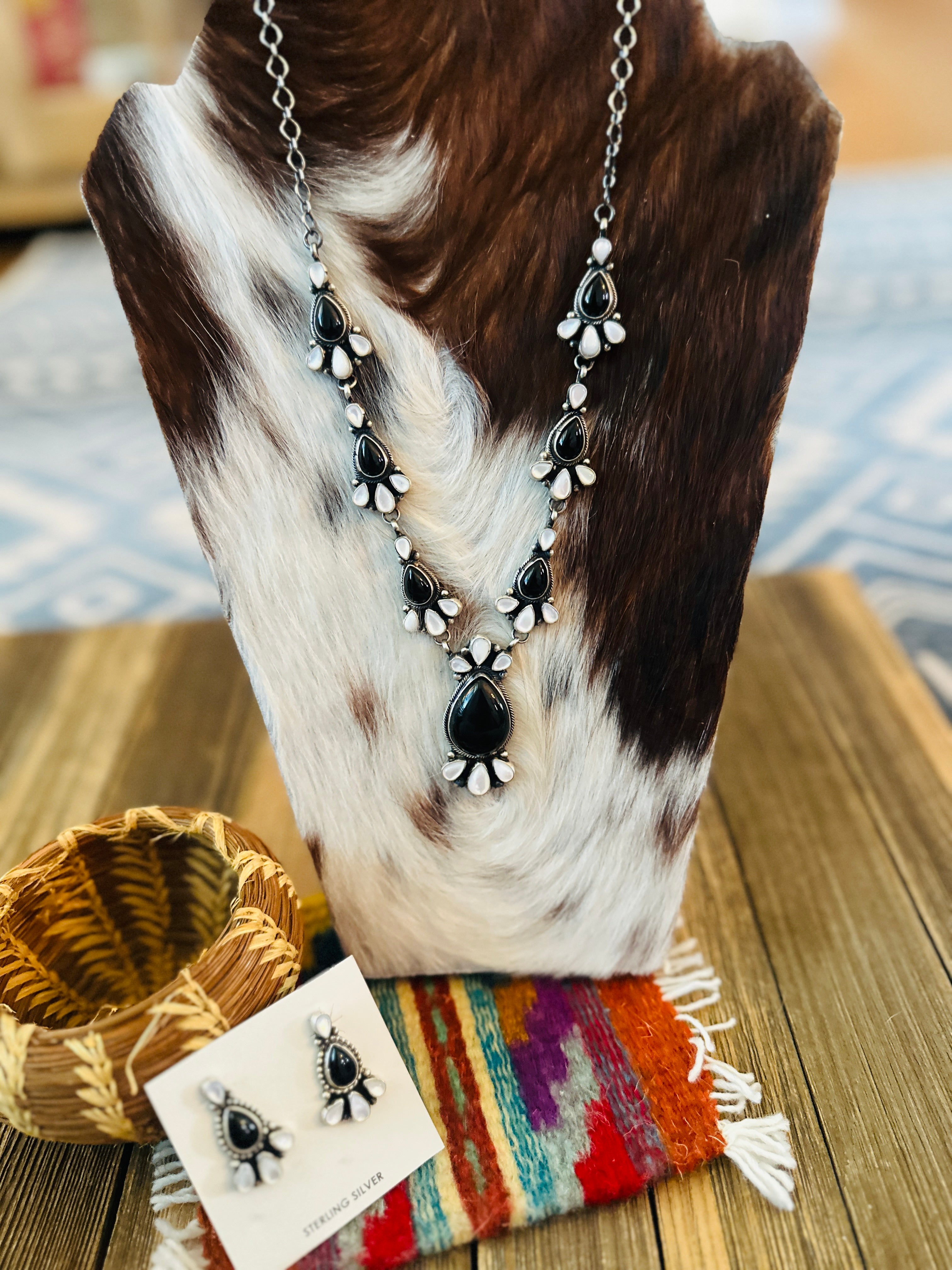 Handcrafted Onyx, Mother of Pearl & Sterling Silver Necklace and Earring Set by Sheila Becenti