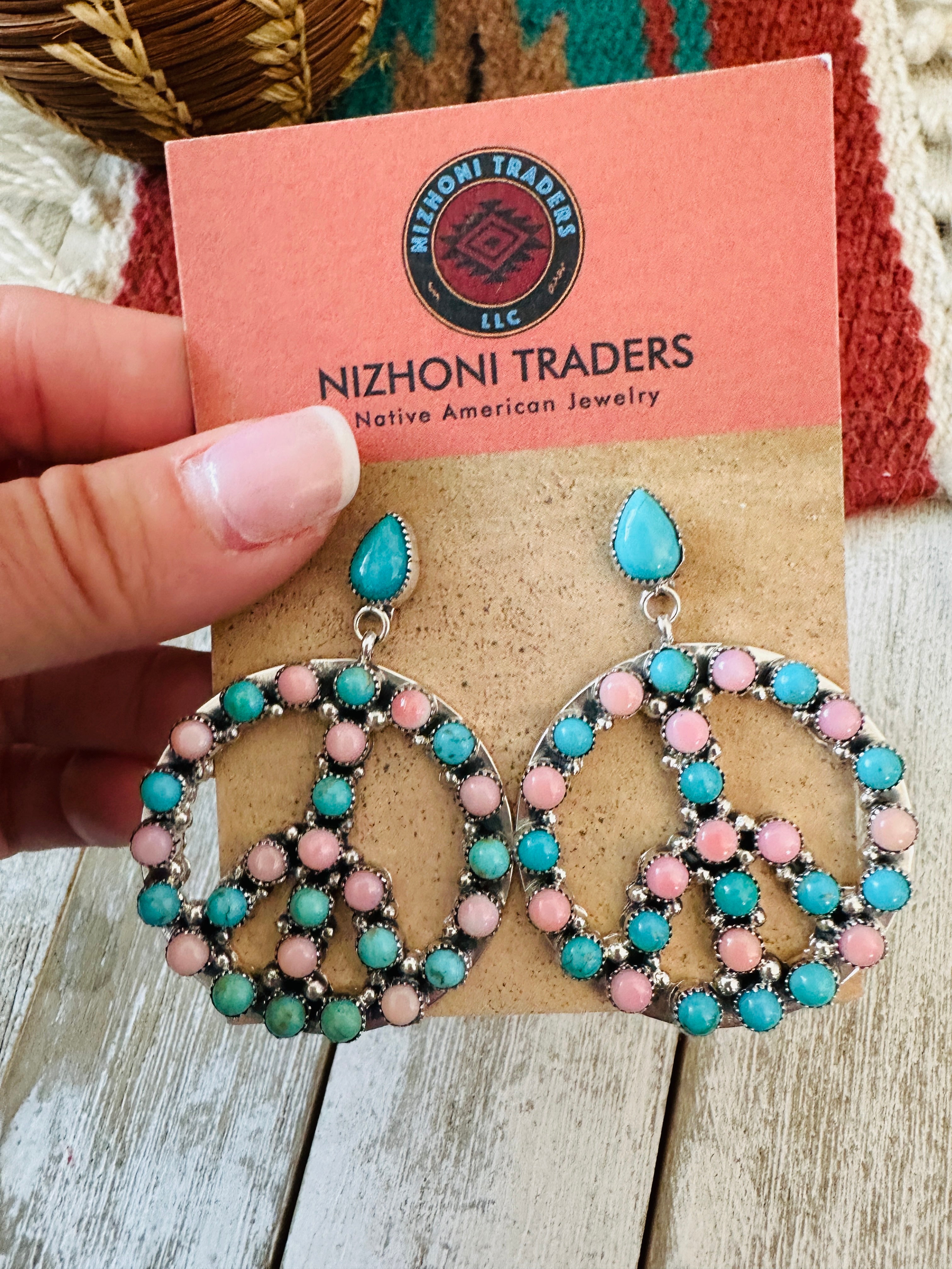 Handcrafted Turquoise, Queen Pink Conch & Sterling Silver Peace Sign Dangle Earrings