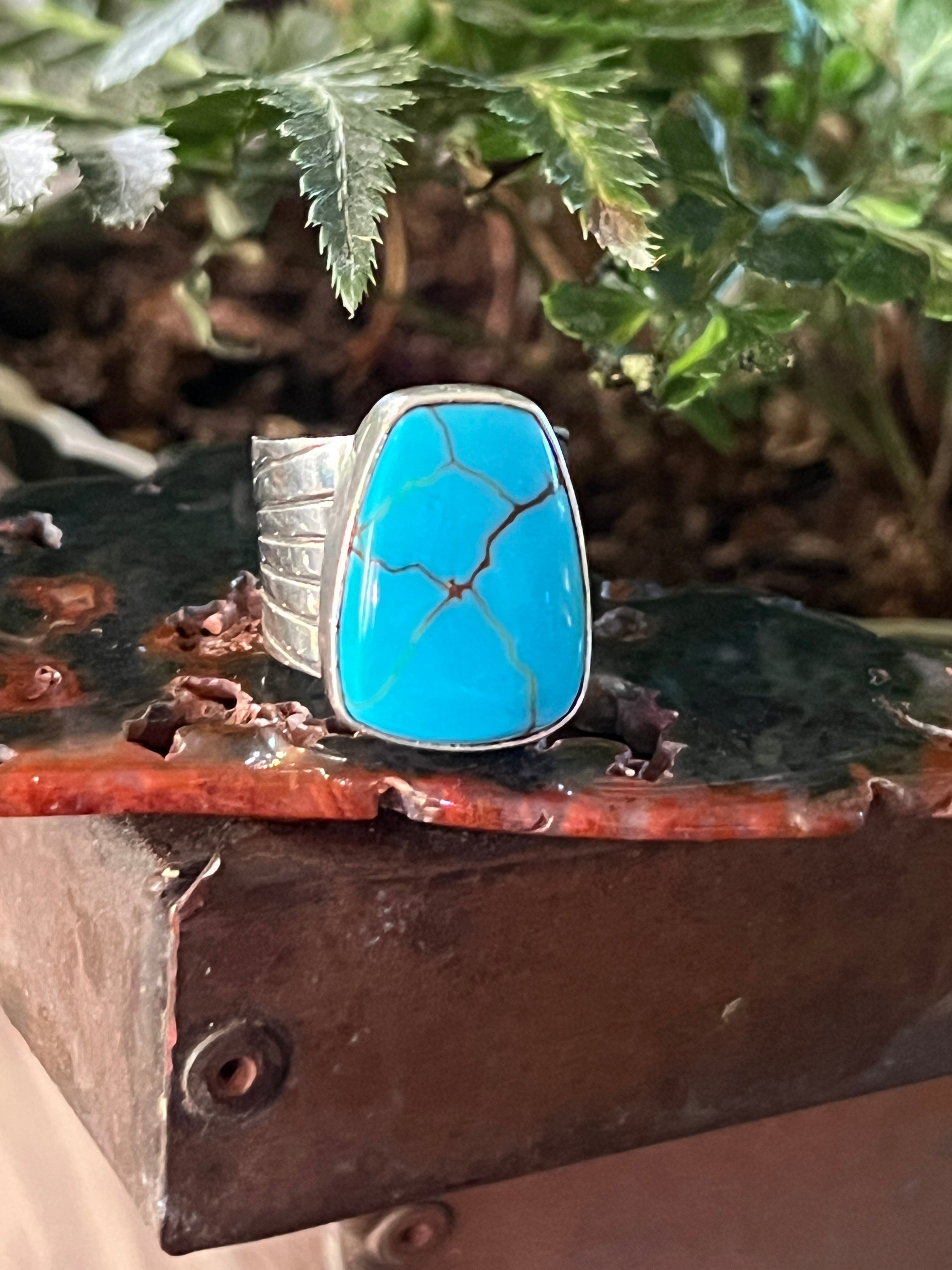 Handcrafted Hand Stamped Sterling Silver and Egyptian Turquoise Wide Shank Ring by Shaun Rogers, Size 8.25