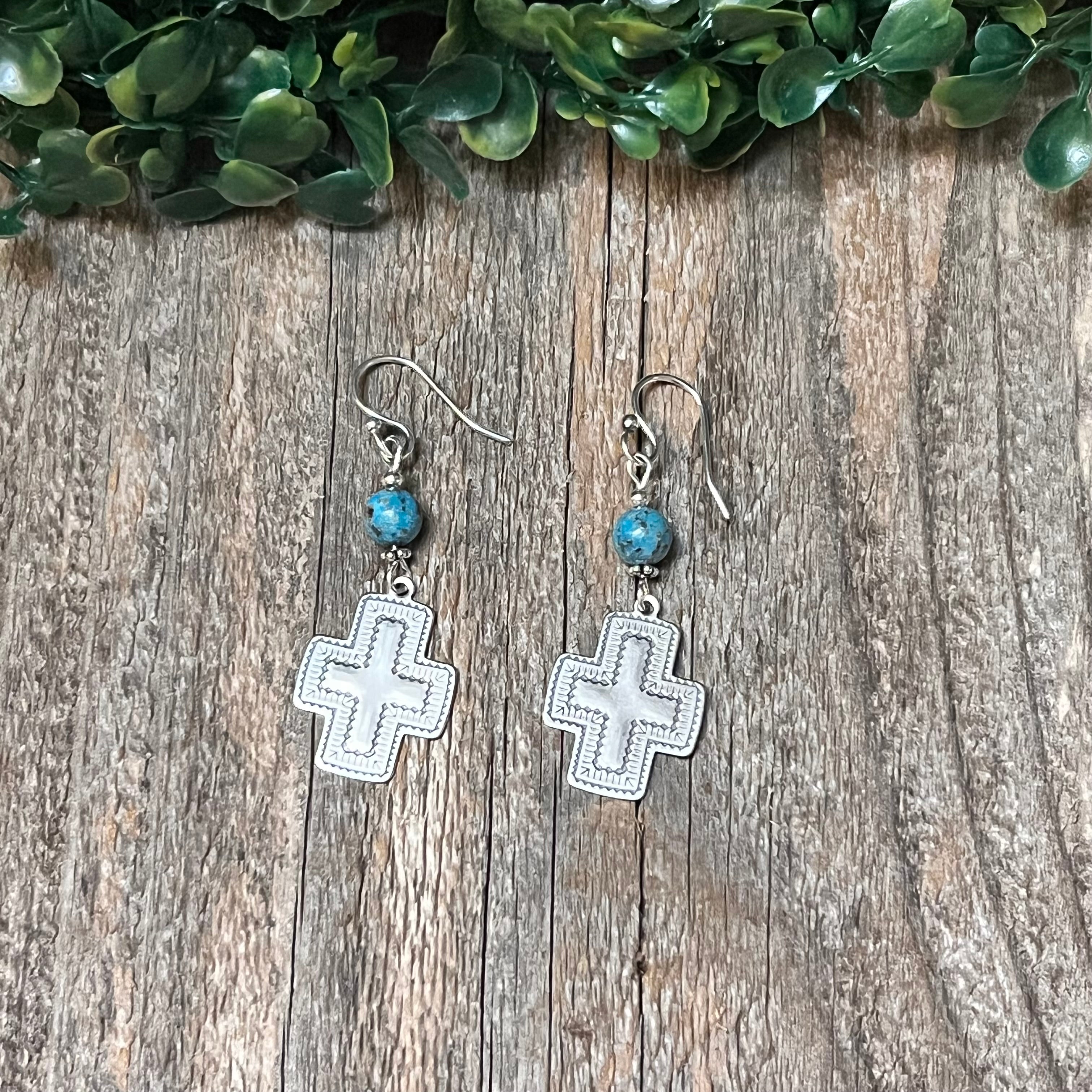 Handmade Etched Sterling Silver & Turquoise Dangle Wire Earrings