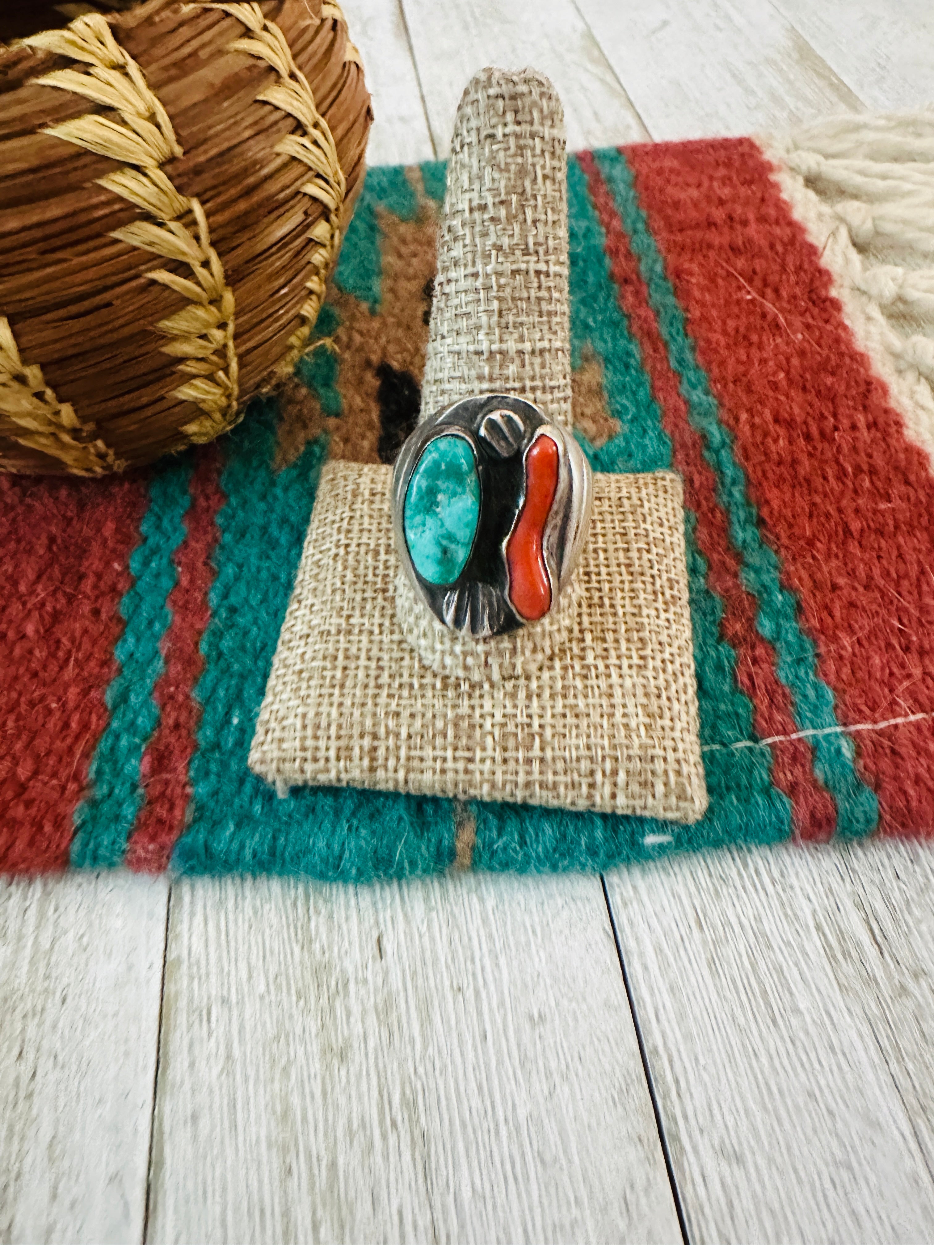 Handcrafted Old Pawn Sterling Silver, Turquoise & Coral Ring Size 11.75