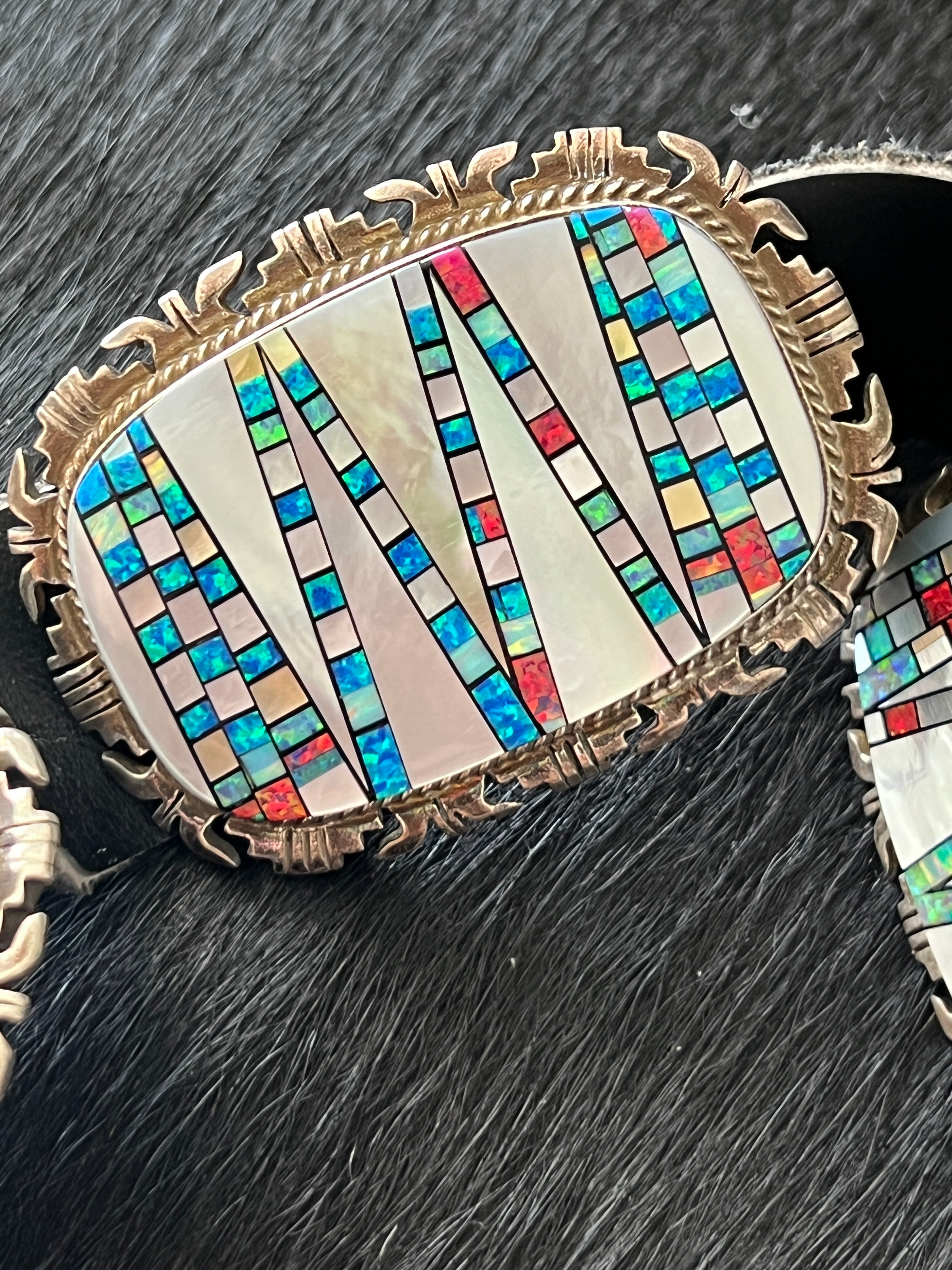 Tremendous Old Pawn Handcrafted Sterling Silver, Mother of Pearl and Opal Inlay Concho Belt by Albert Francisco