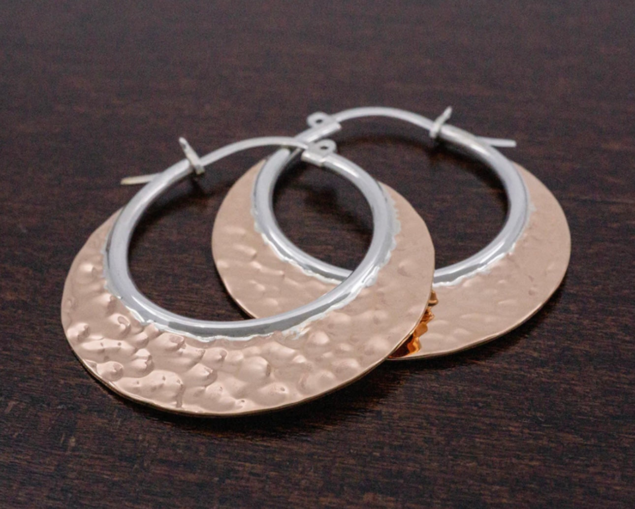 Hammered Copper Hoops on Lever Back Earrings