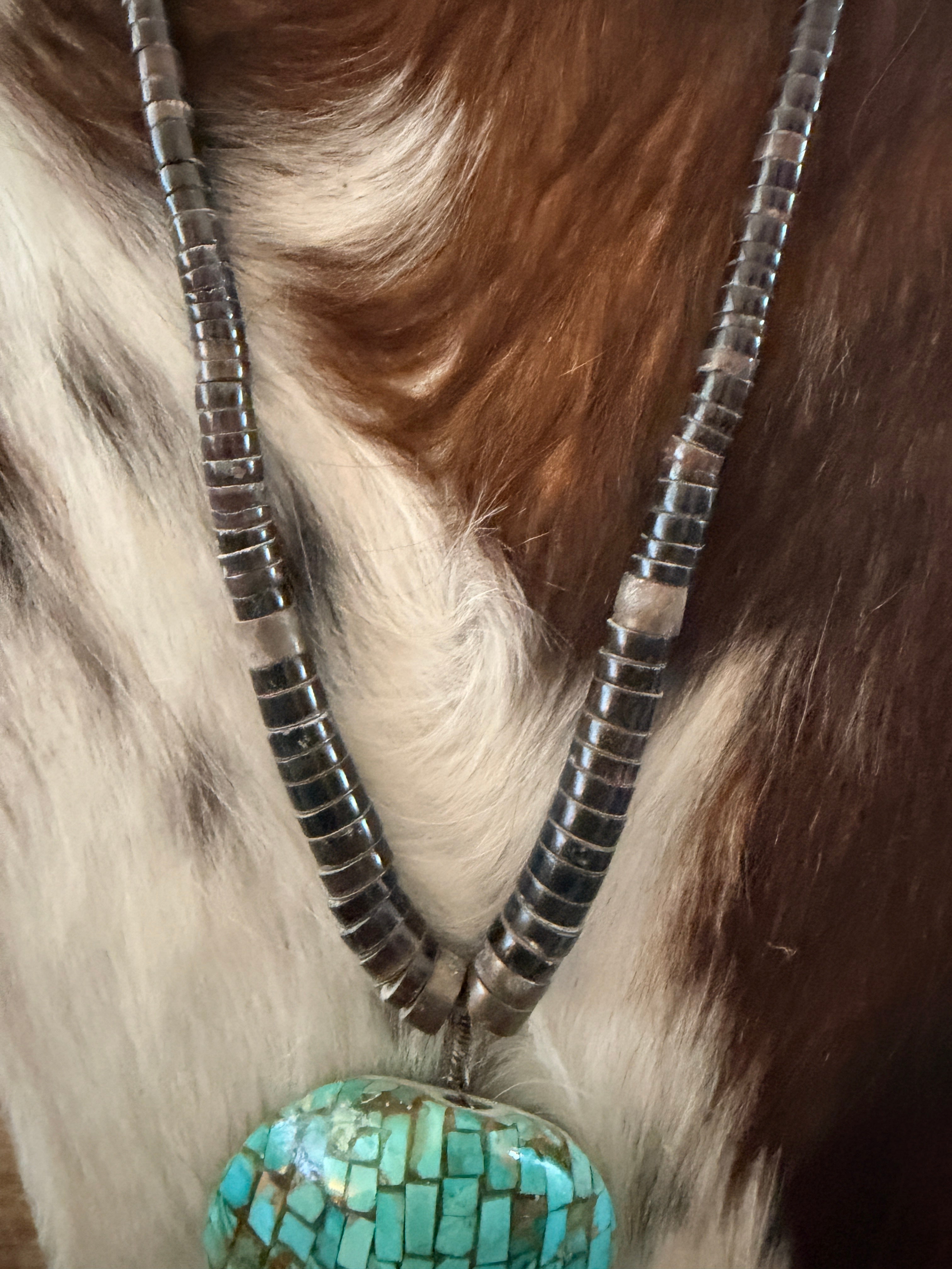 Old Pawn Handcrafted Turquoise and Heishi Shell Mosaic Inlay Beaded Necklace