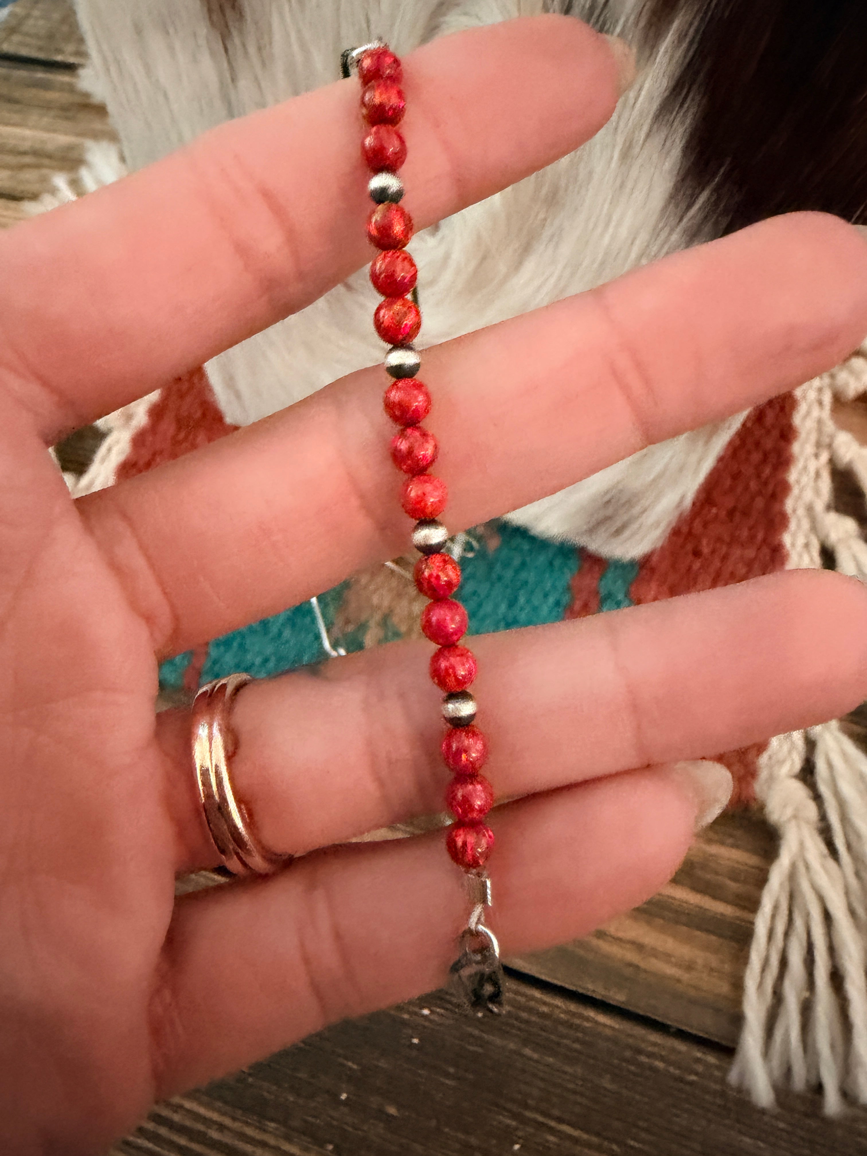 Handmade Sterling Silver & Red Fire Opal Beaded Necklace