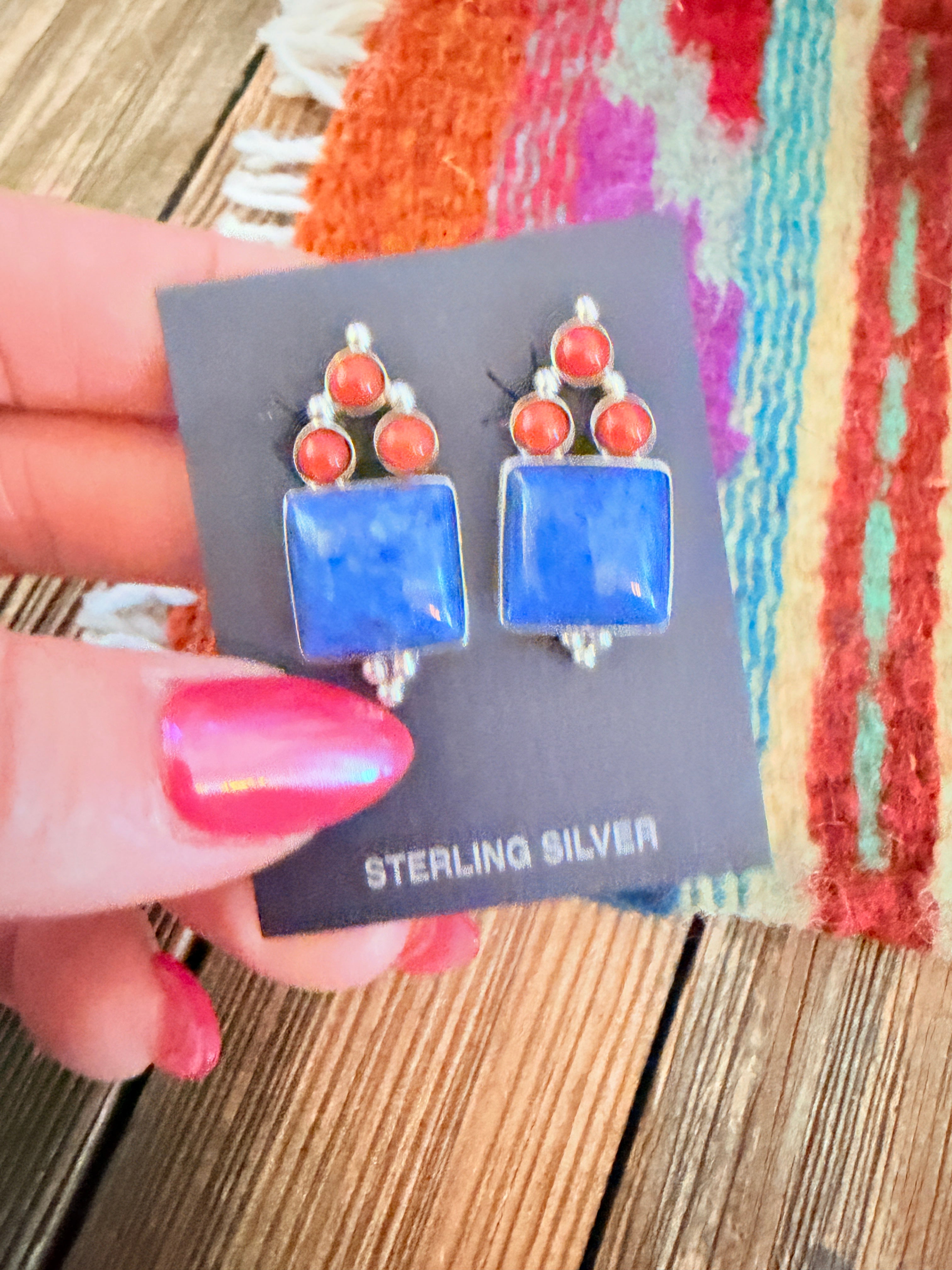 Handcrafted Lapis, Coral & Sterling Silver Clip On Earrings