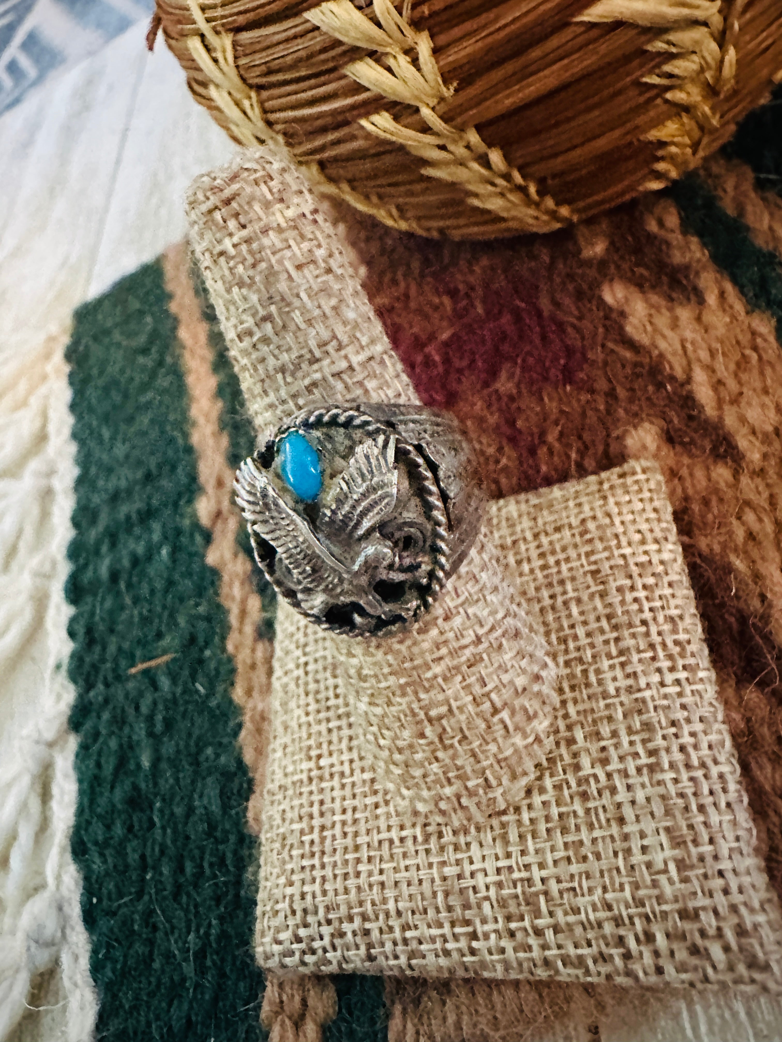 Old Pawn Handcrafted Turquoise & Sterling Silver Eagle Ring Size 8