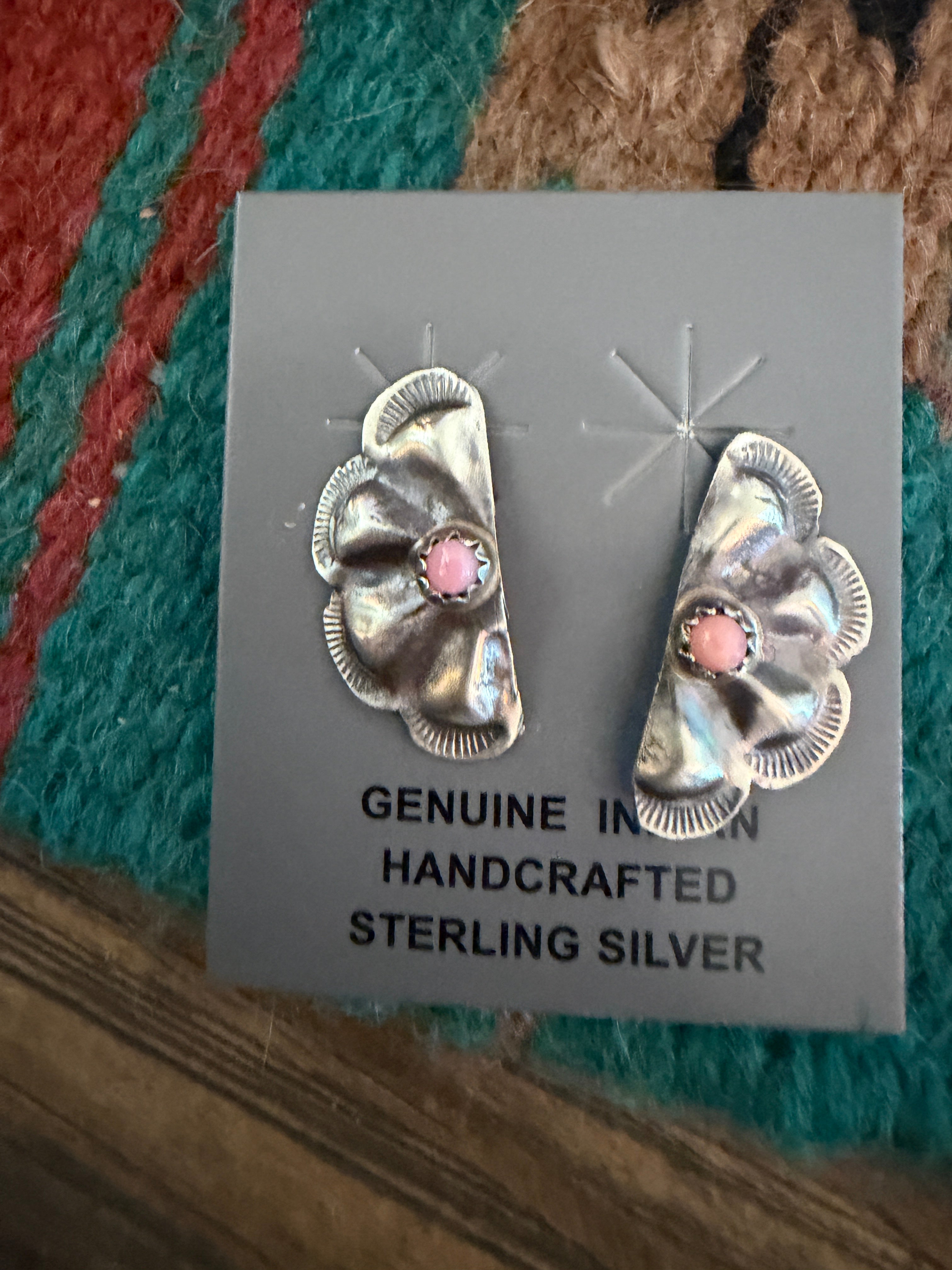 Handcrafted Queen Pink Conch & Sterling Silver Concho Post Earrings