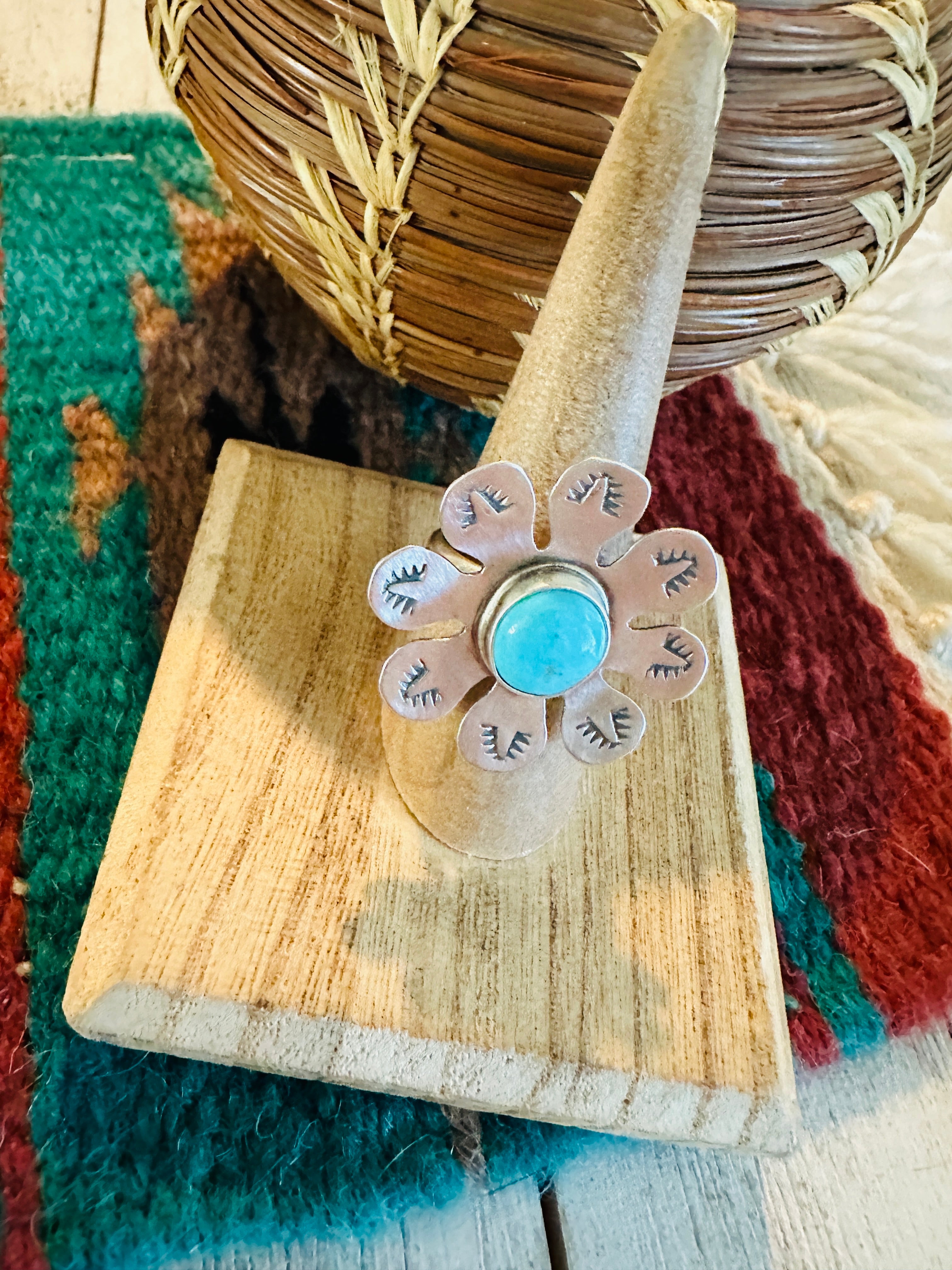 Handcrafted Sterling Silver & Turquoise Adjustable Flower Ring