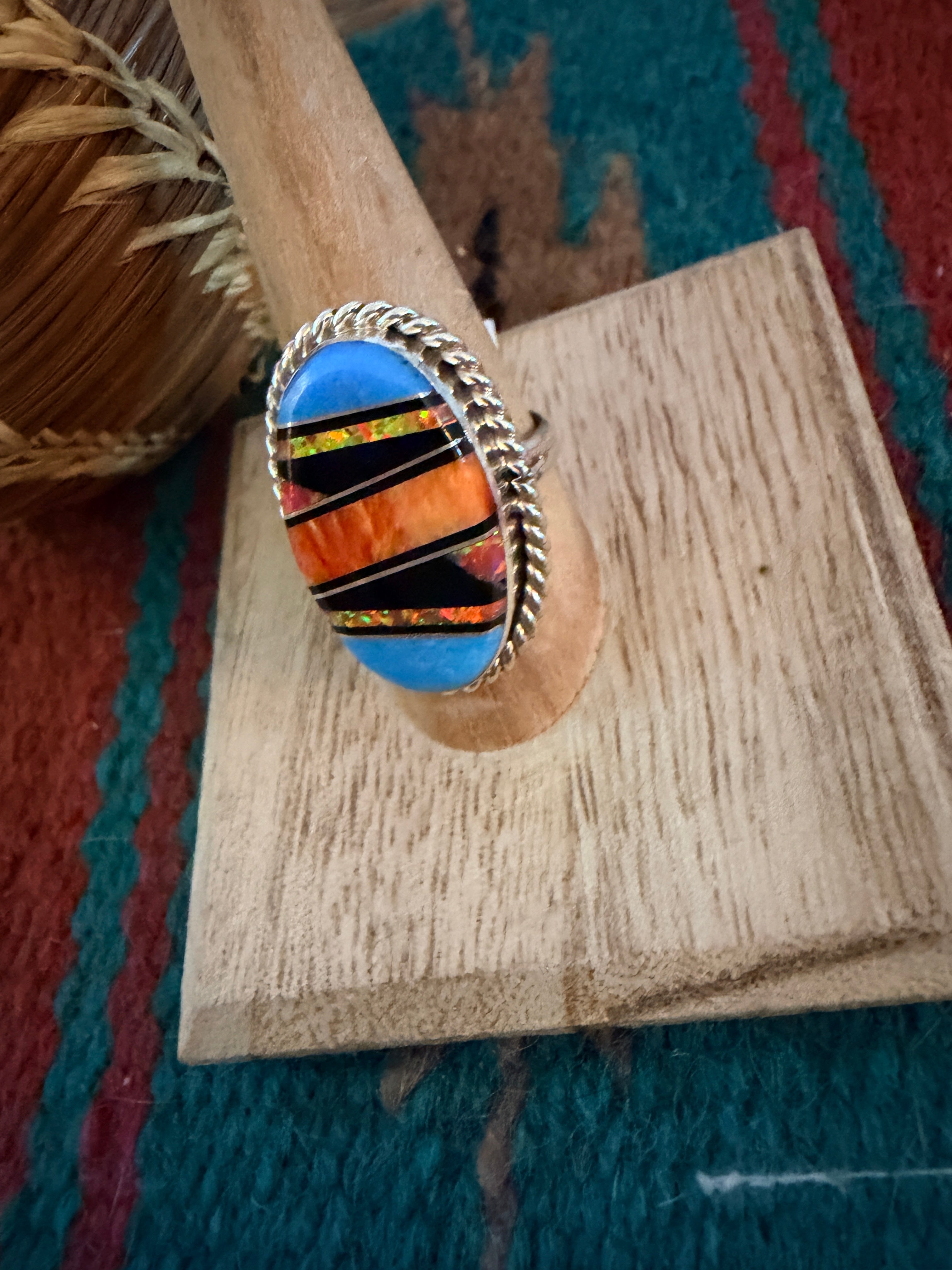 Handcrafted Multi Stone & Sterling Silver Inlay Ring Size 9