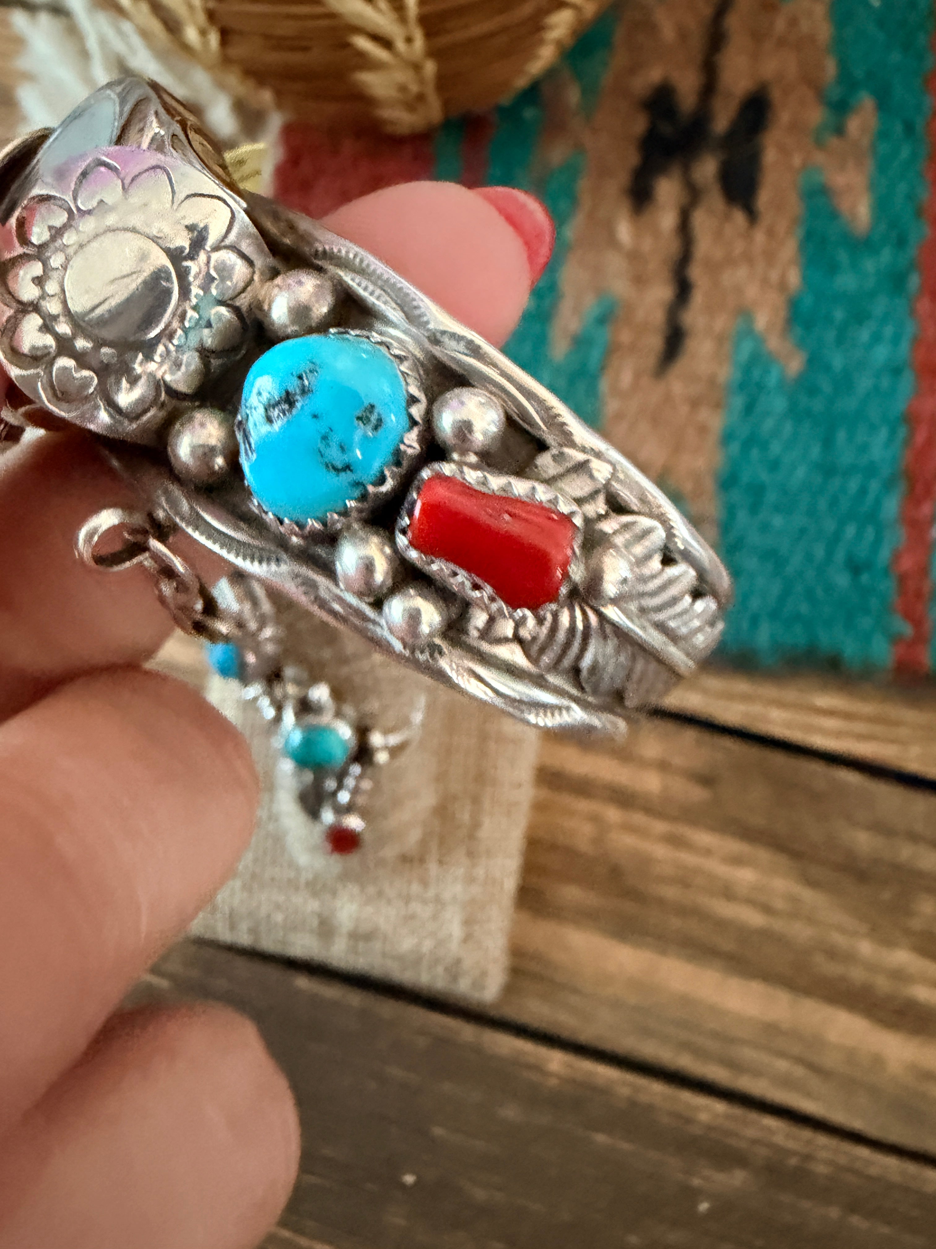Handcrafted Old Pawn Turquoise, Coral & Sterling Silver Watch Cuff with Hand Chain
