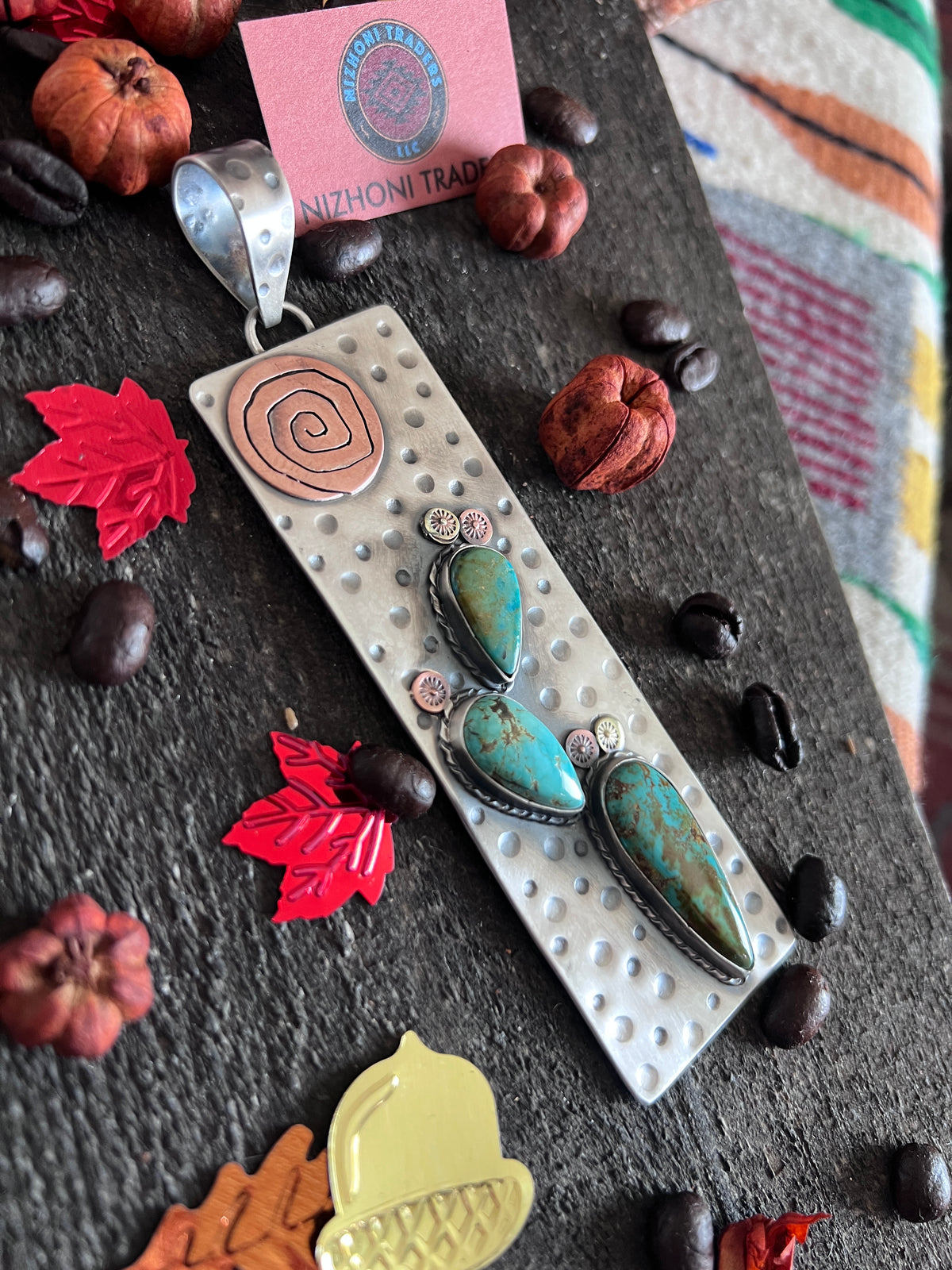 Kimari Somers Hand Stamped Sterling Silver, Copper, Brass & Kingman Turquoise Prickly Pear Cactus Sun Pendant