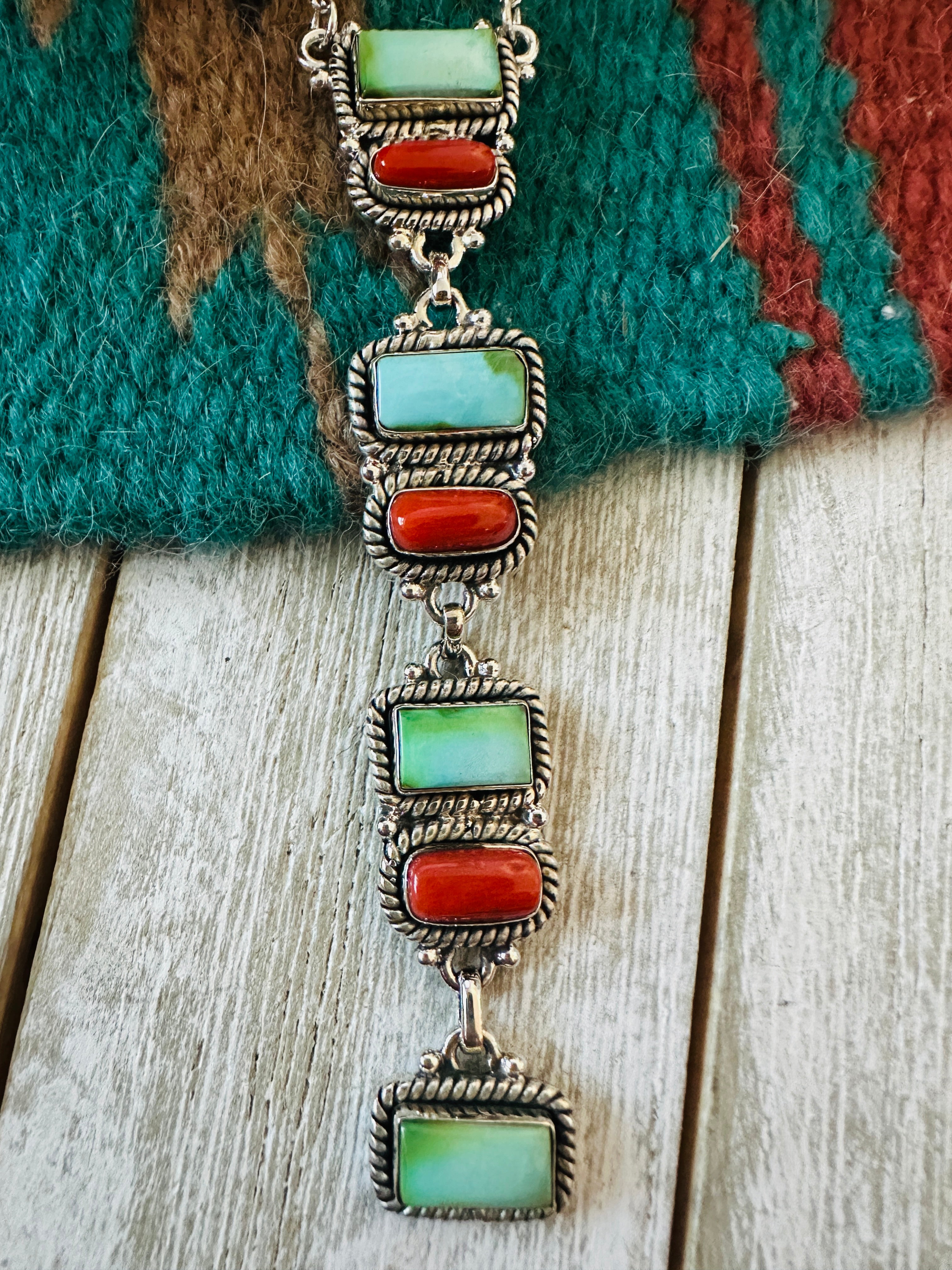 ** Christmas Collection ** Handmade Sterling Silver, Turquoise & Coral Necklace Signed Nizhoni