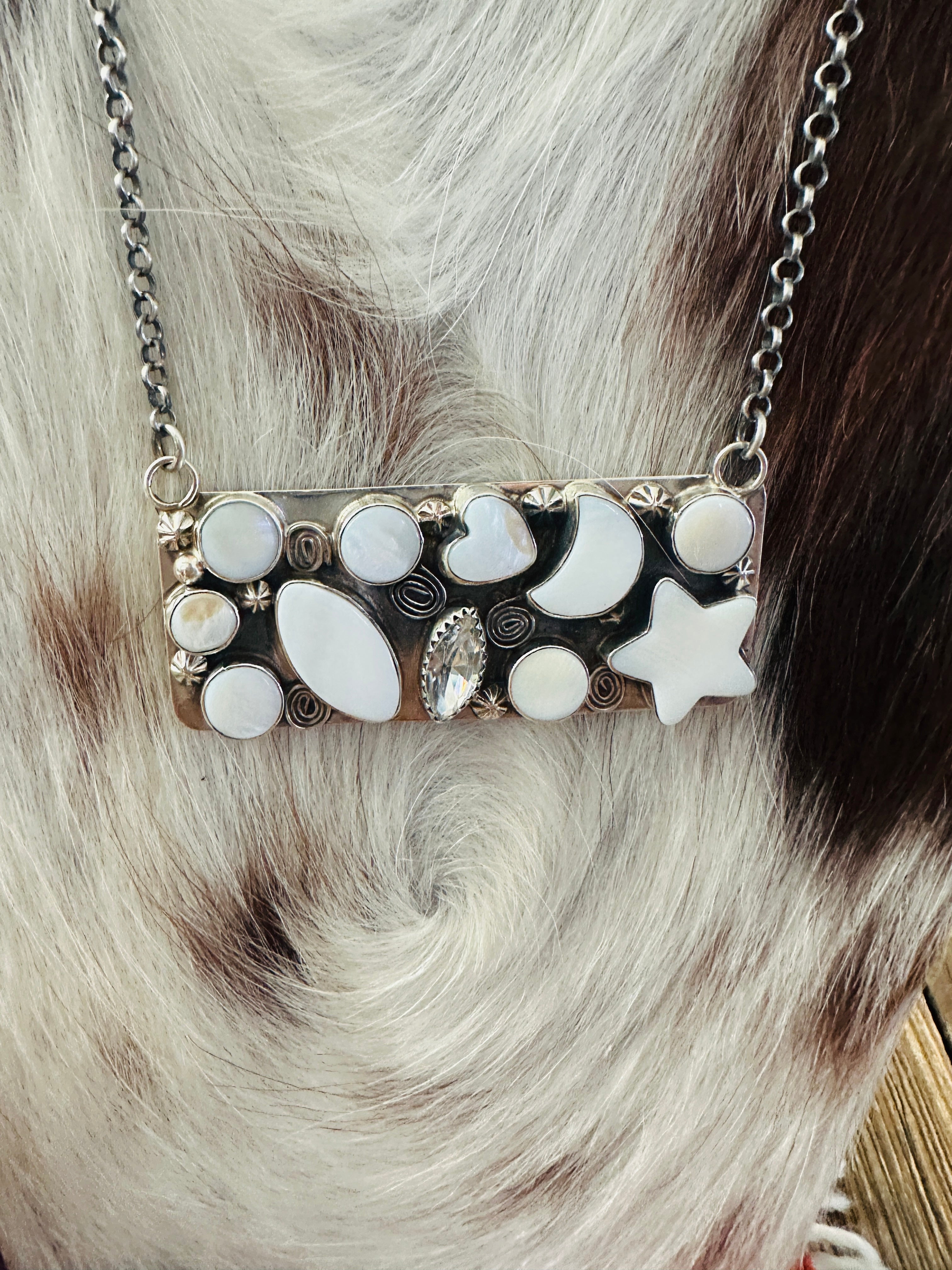 Handcrafted Mother of Pearl, CZ & Sterling Silver Bar Necklace by Jacqueline Silver