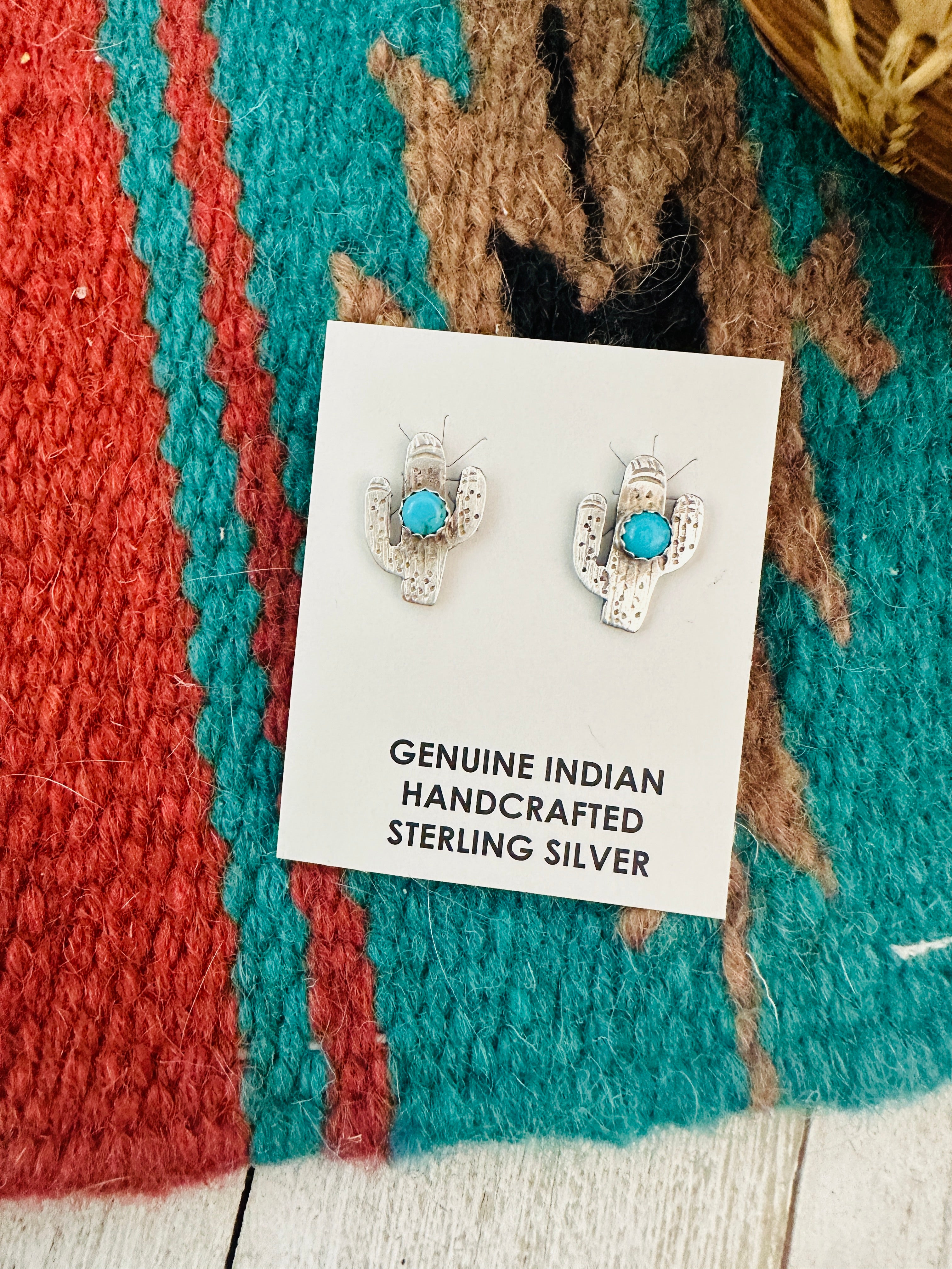 Handcrafted Sterling Silver & Turquoise Cactus Stud Earrings