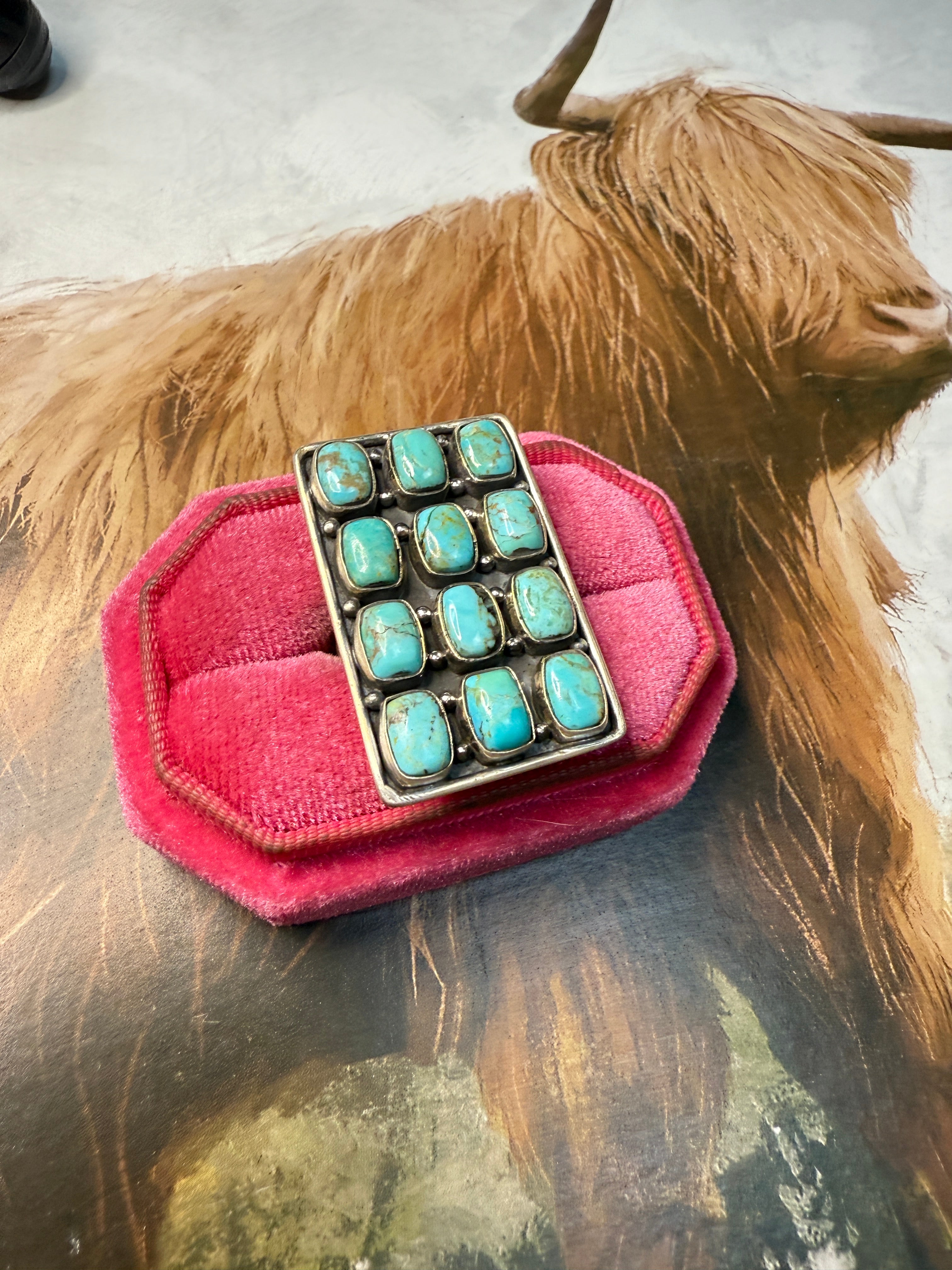 Handmade Kingman Turquoise And Sterling Silver Adjustable 12 Stone Ring