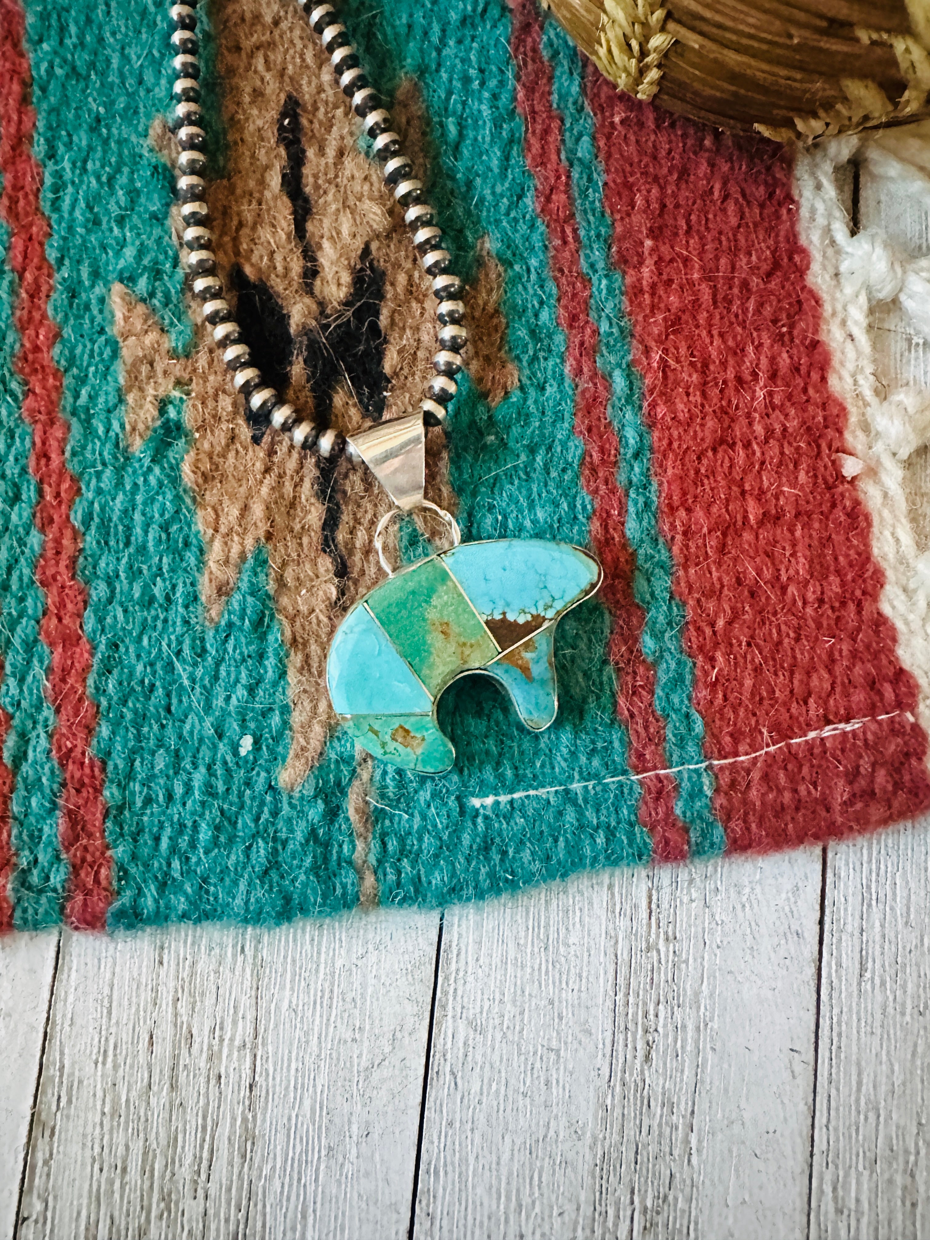 Handcrafted Turquoise & Sterling Silver Inlay Fetish Bear Pendant