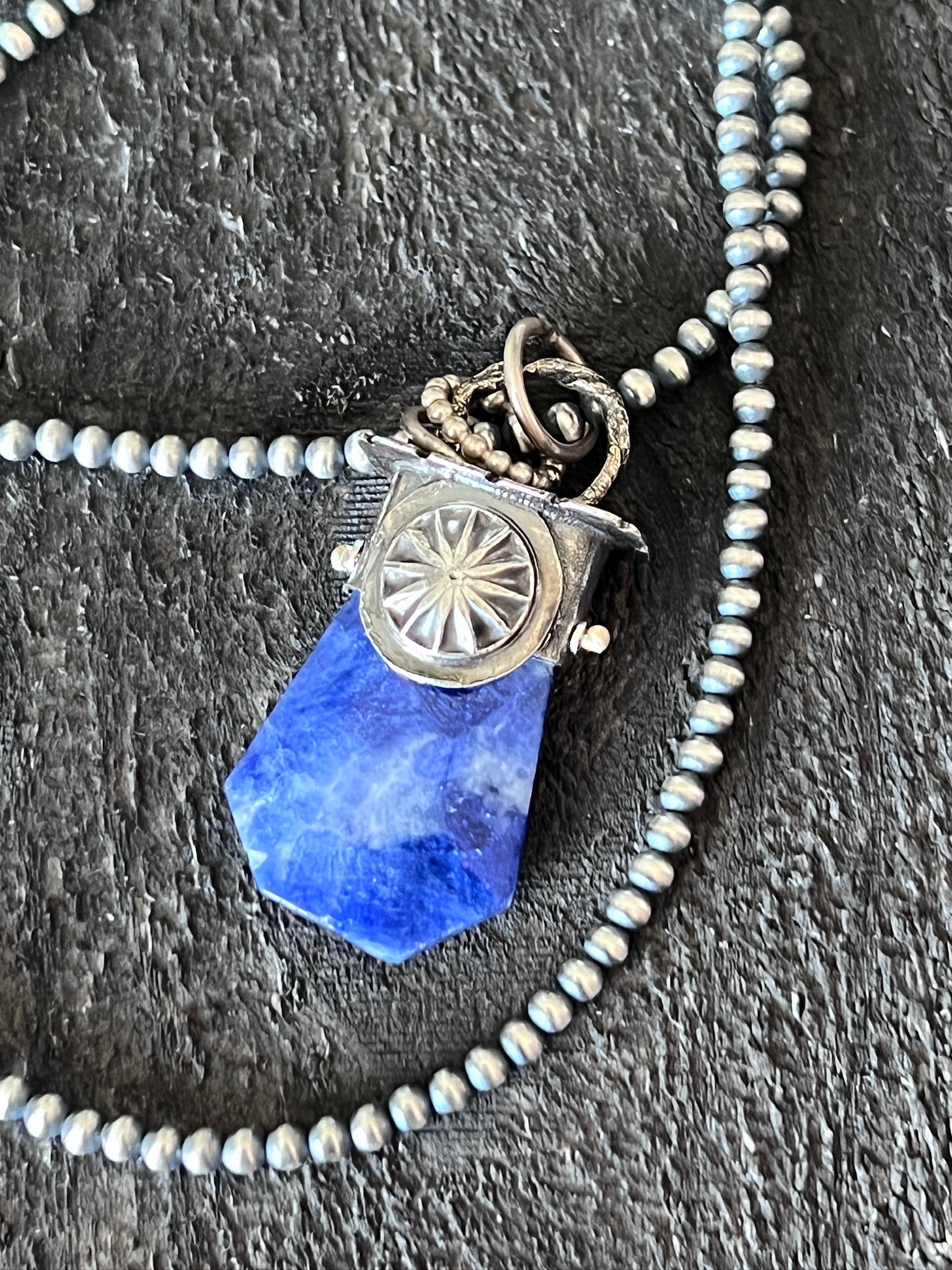 Sterling Silver Gem Collector 30” + 2” Beaded Necklace w/ Sodalite & Dandelion Pendant