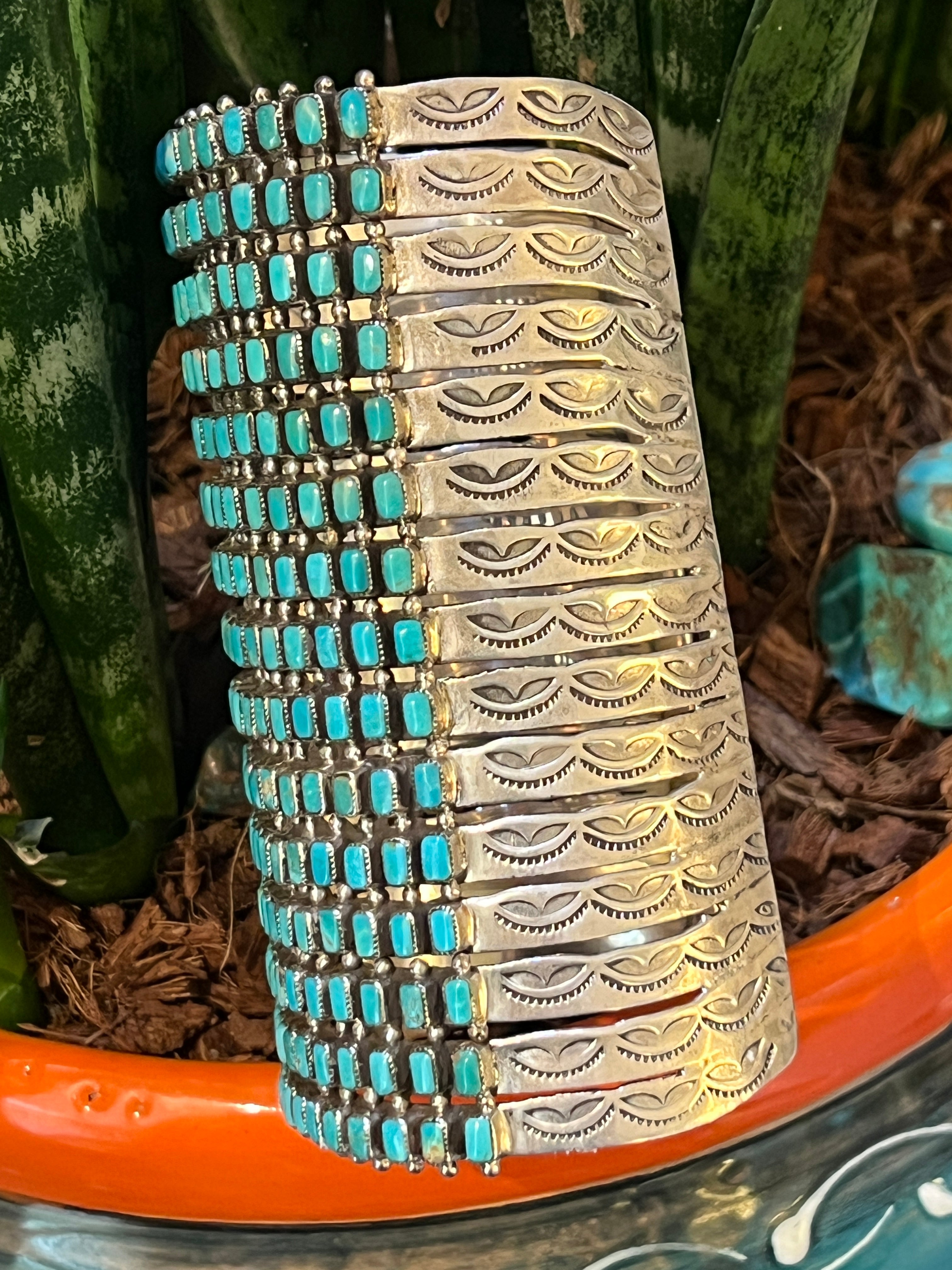 Handcrafted Epic Made 15 Row Sterling Silver and Turquoise Gauntlet Style Cuff Bracelet /