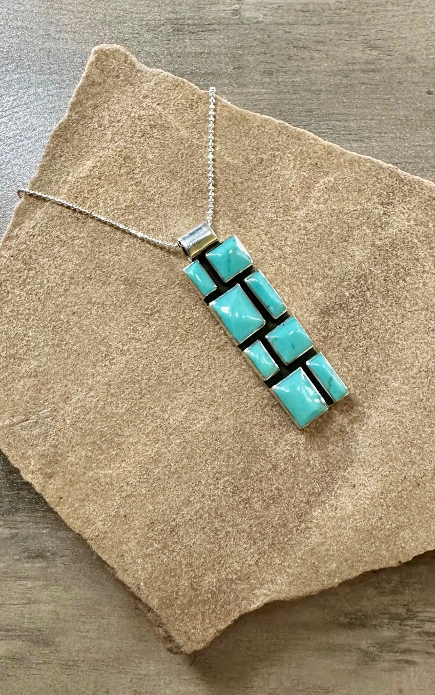 Slim Turquoise Mosaic Sterling Silver Pendant Necklace