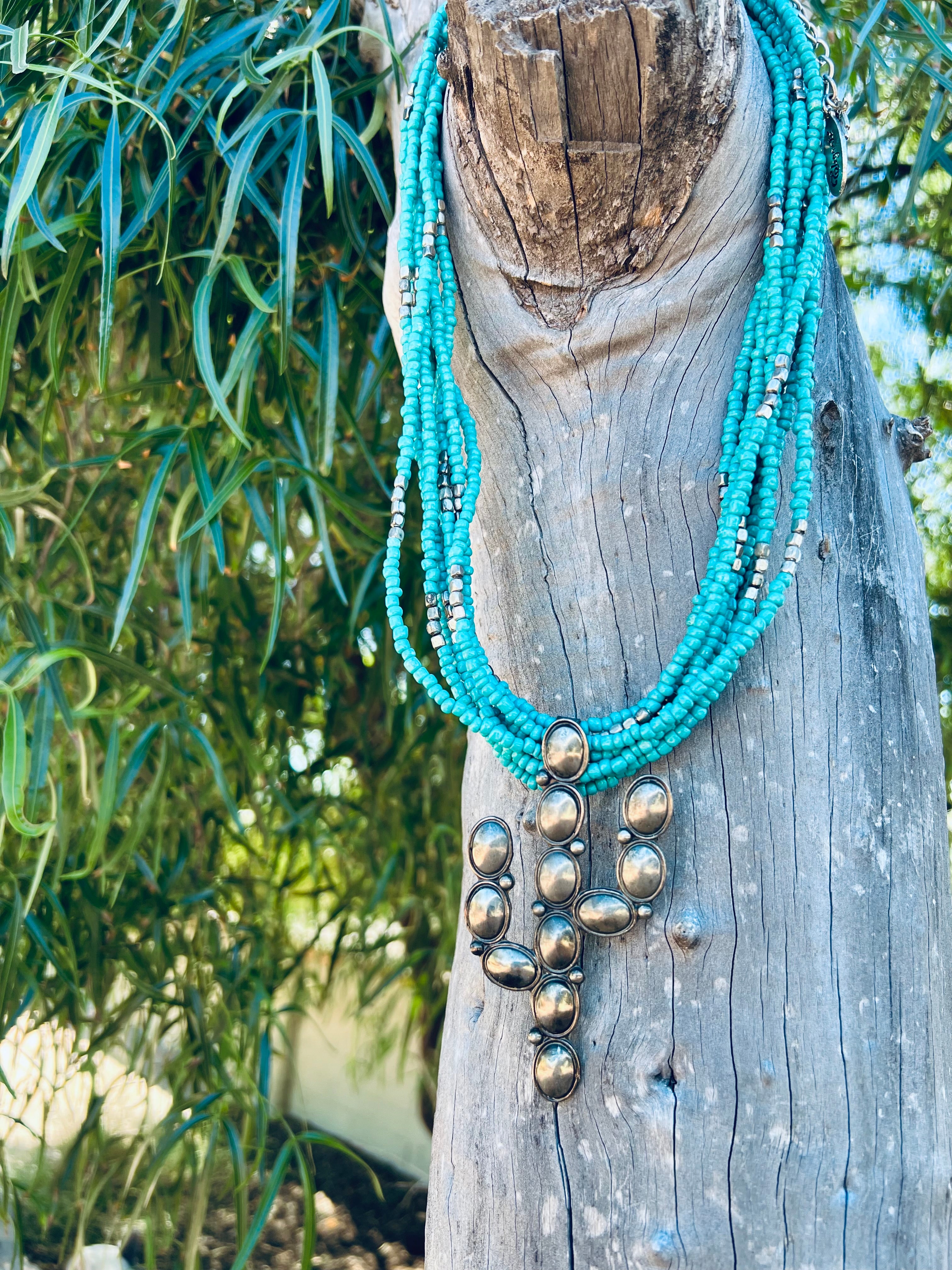 Vintage 8 Strand Blue Beaded Necklace With Saguaro Pendant