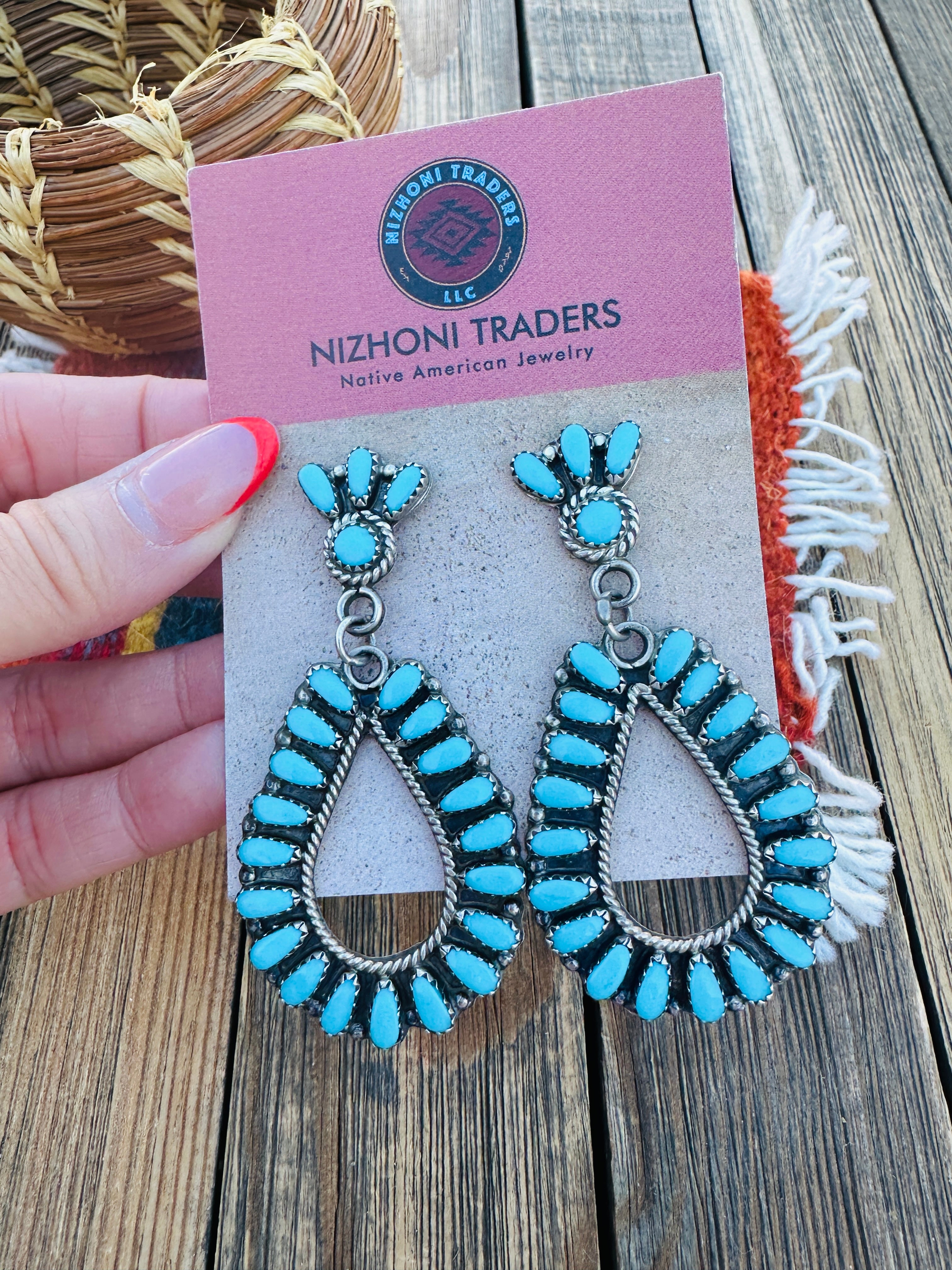 Handcrafted Old Pawn Sterling Silver & Turquoise Cluster Dangle Earrings