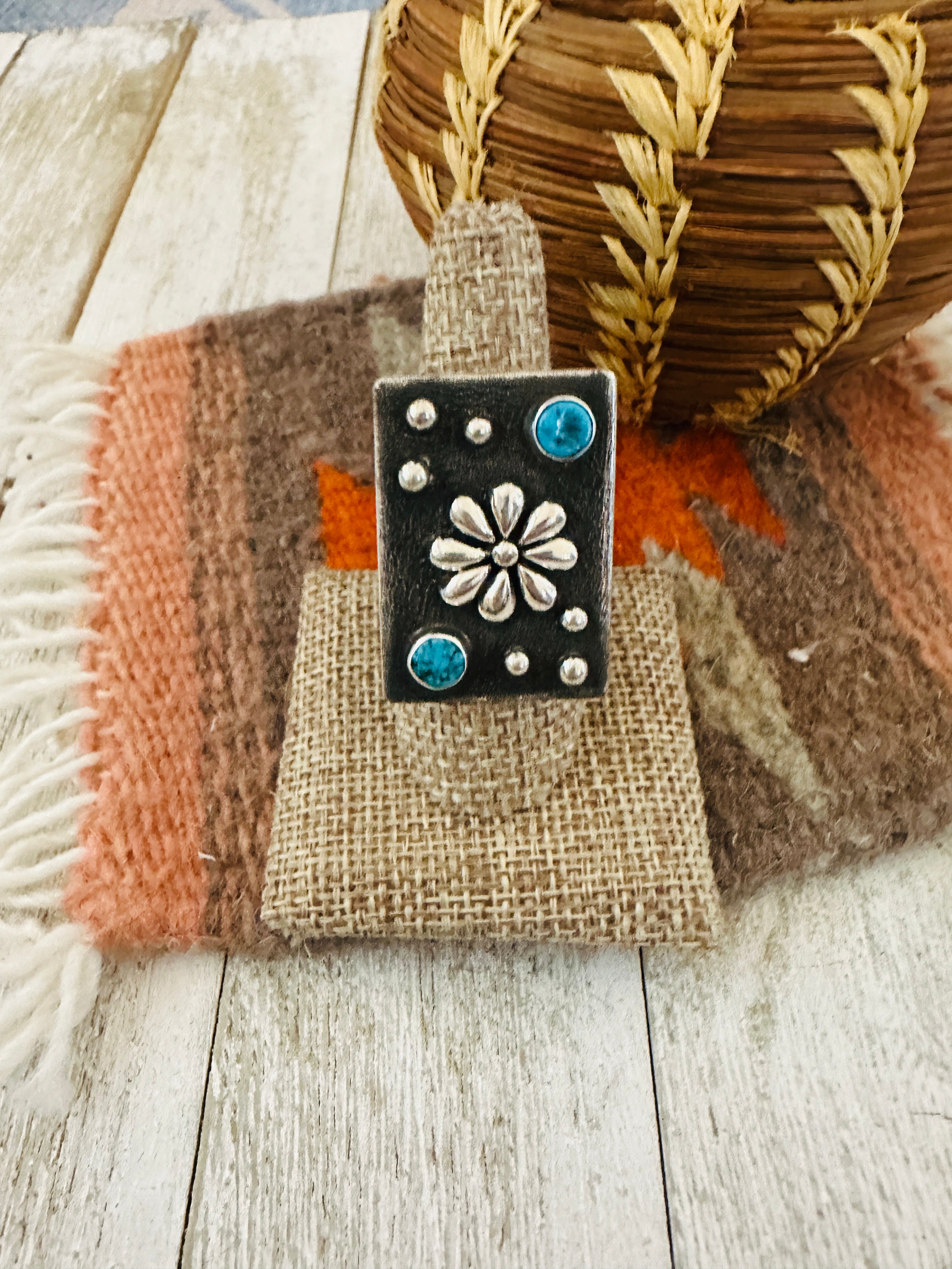 Handcrafted Sterling Silver & Studded Flower Turquoise Ring Size 8