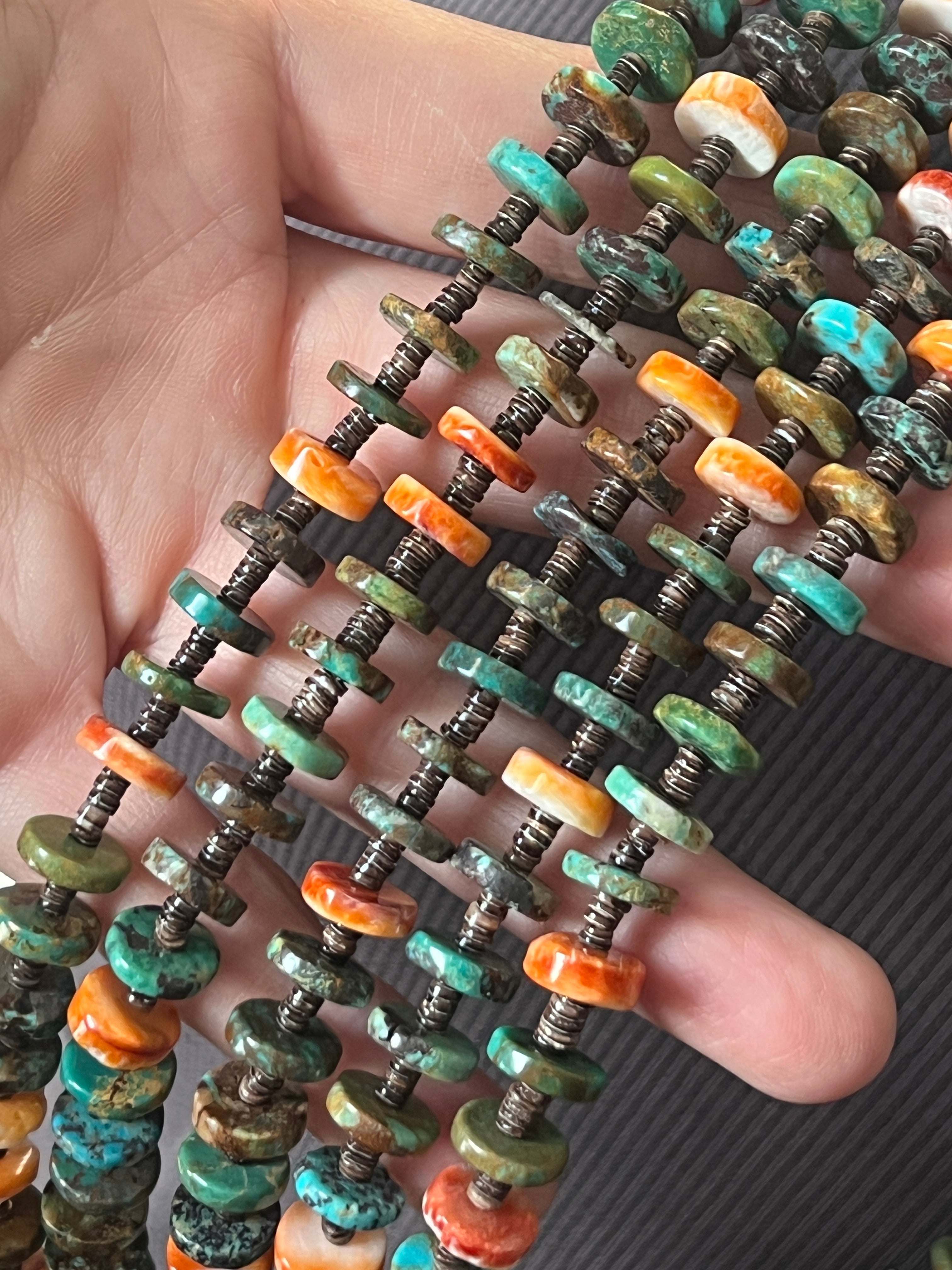 Gorgeous Handcrafted Five Strand Spiny Oyster, Turquoise and Heishi Squaw Wrap Beaded Necklace