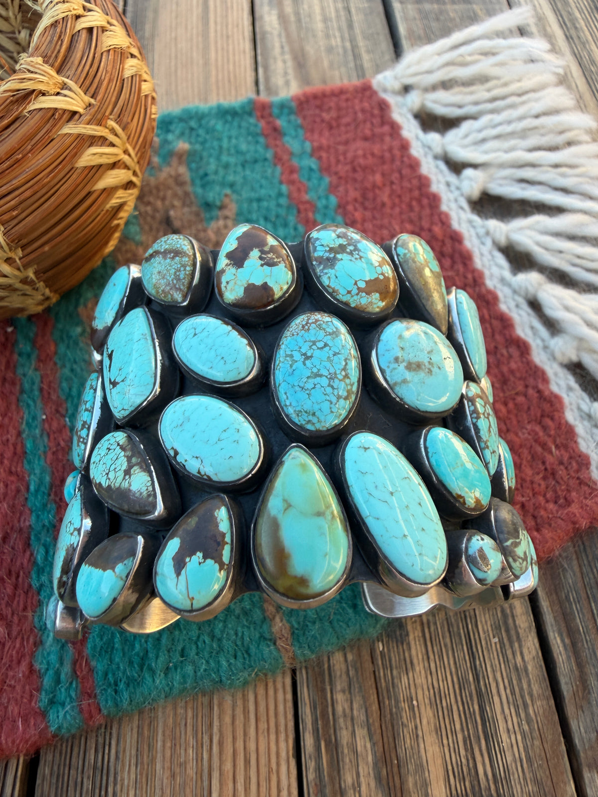 Handcrafted Sterling Silver & Number 8 Turquoise Cuff Bracelet by Russell Sam