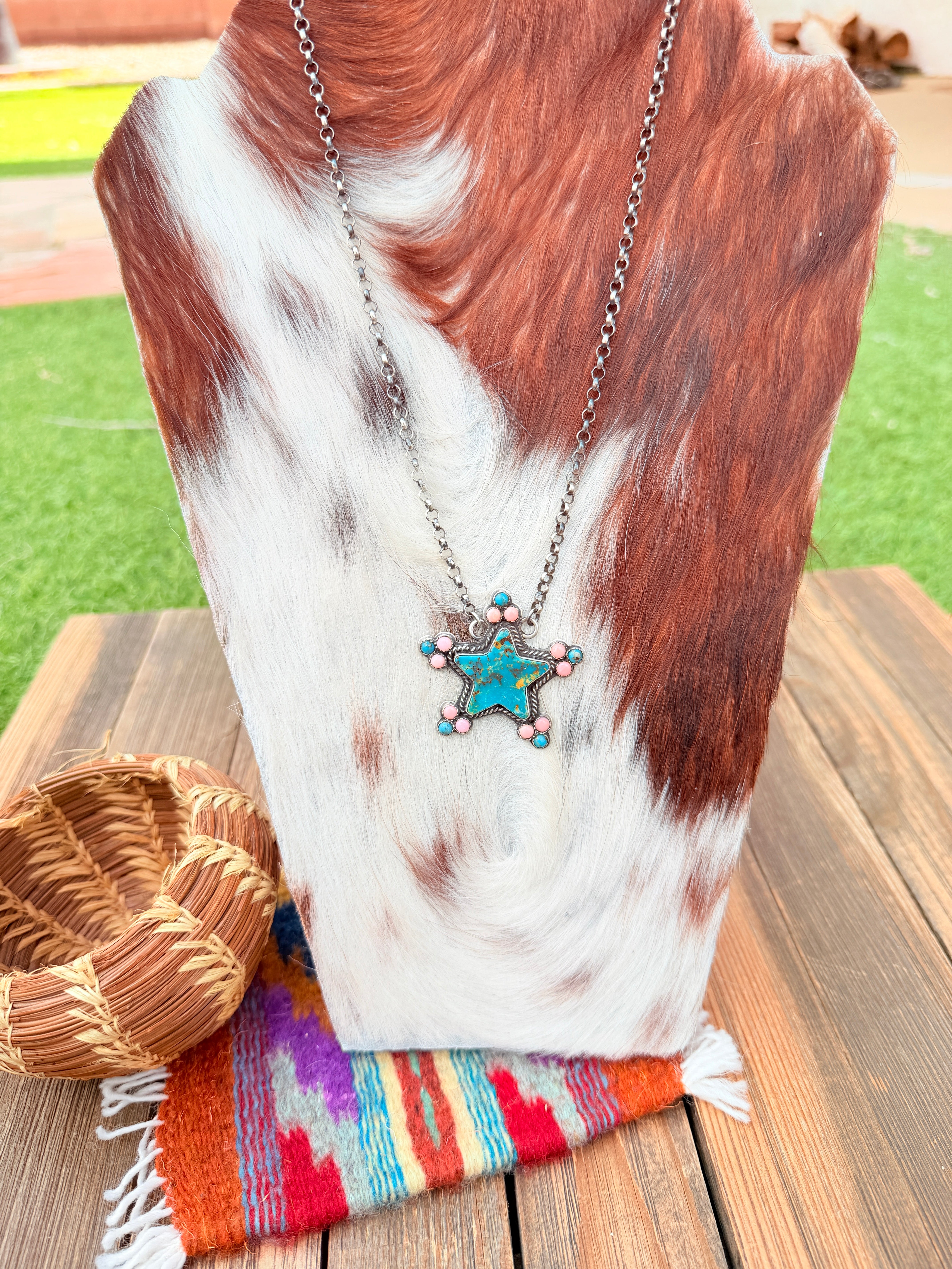 Handcrafted Turquoise, Queen Pink Conch & Sterling Silver Star Necklace