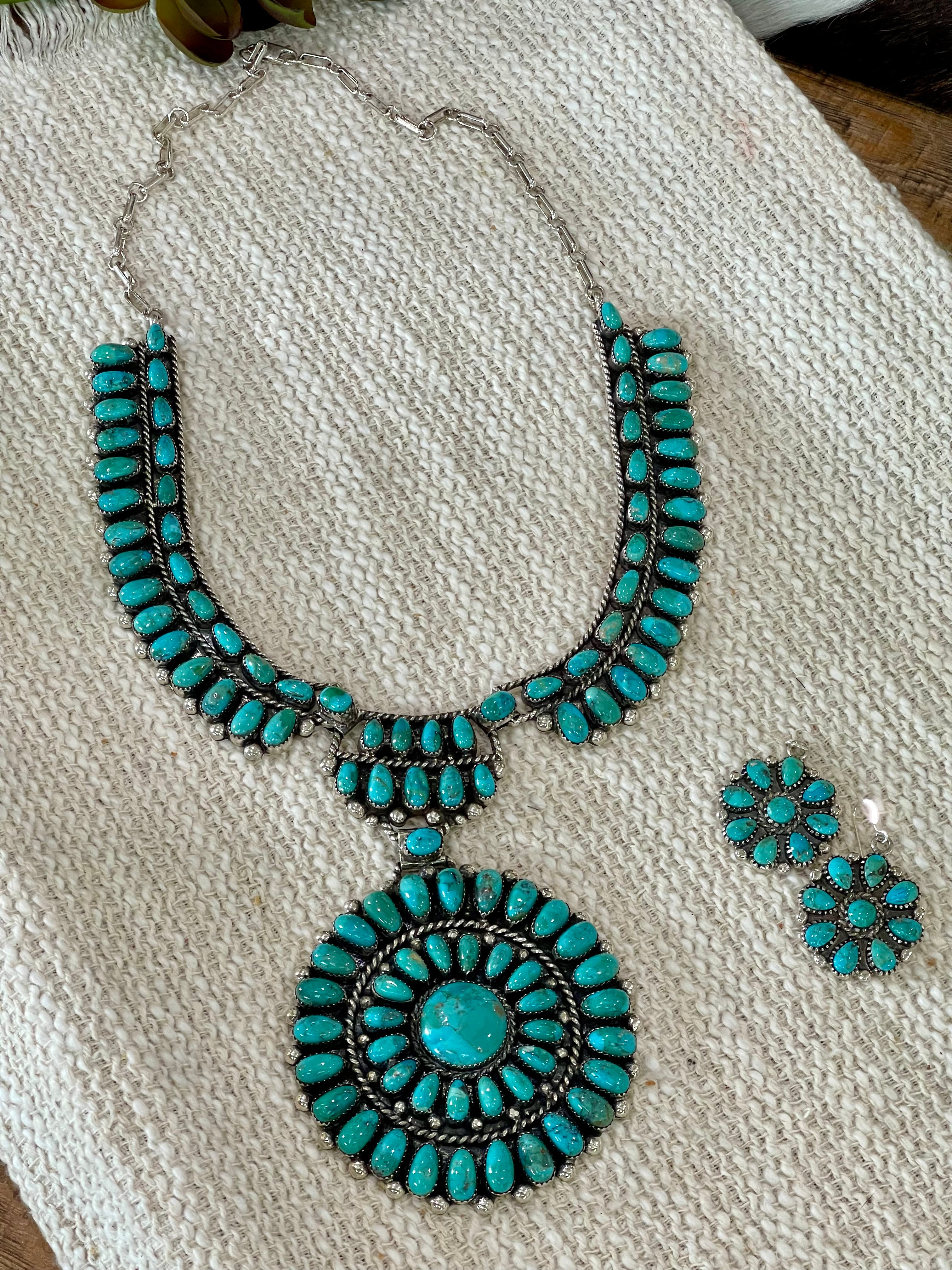 Beautiful Handmade Sterling Silver & Turquoise Cluster Necklace And Earring Set