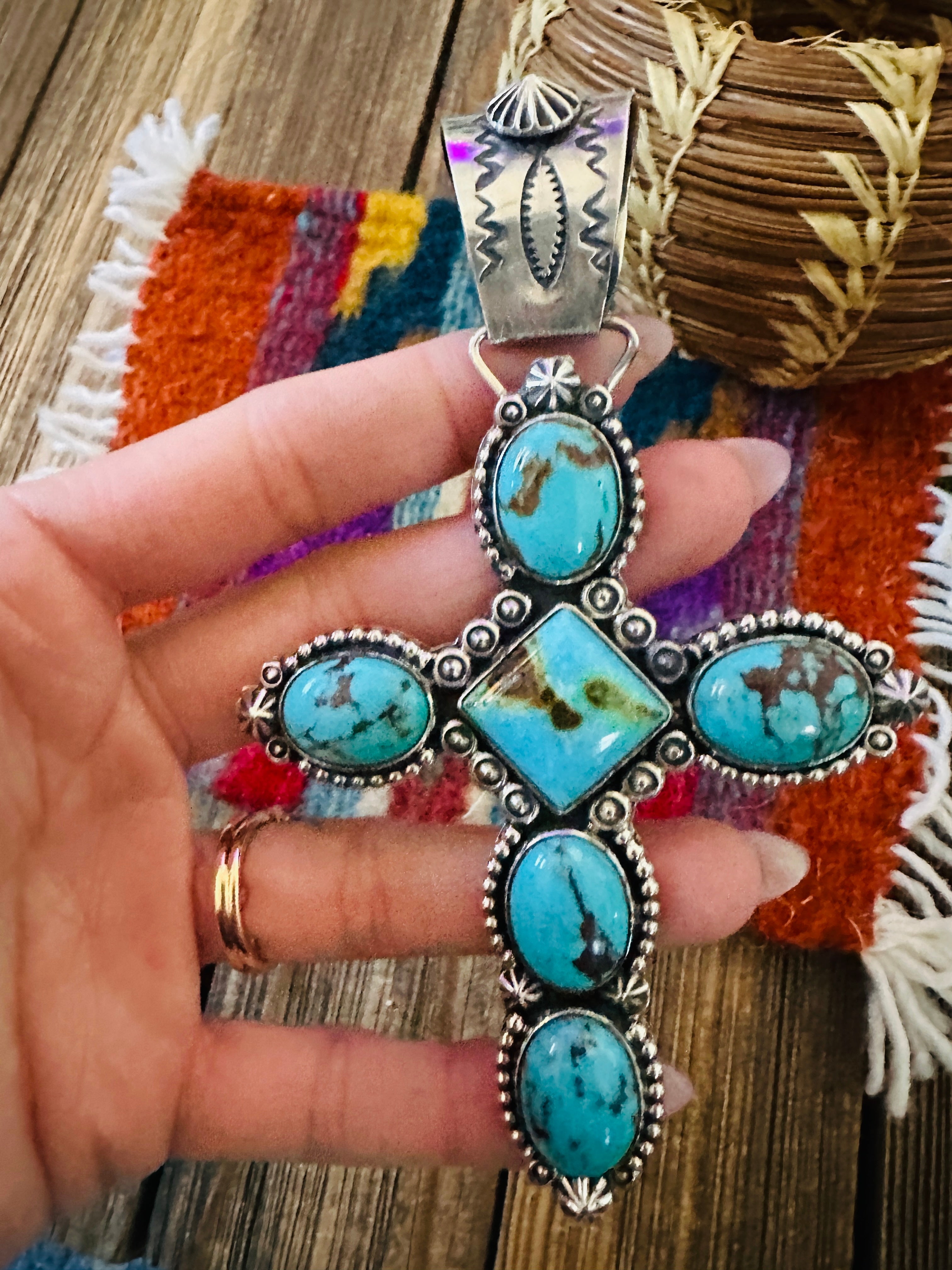 Handcrafted Sterling Silver & Kingman Turquoise Cross Pendant by Rosella Paxson