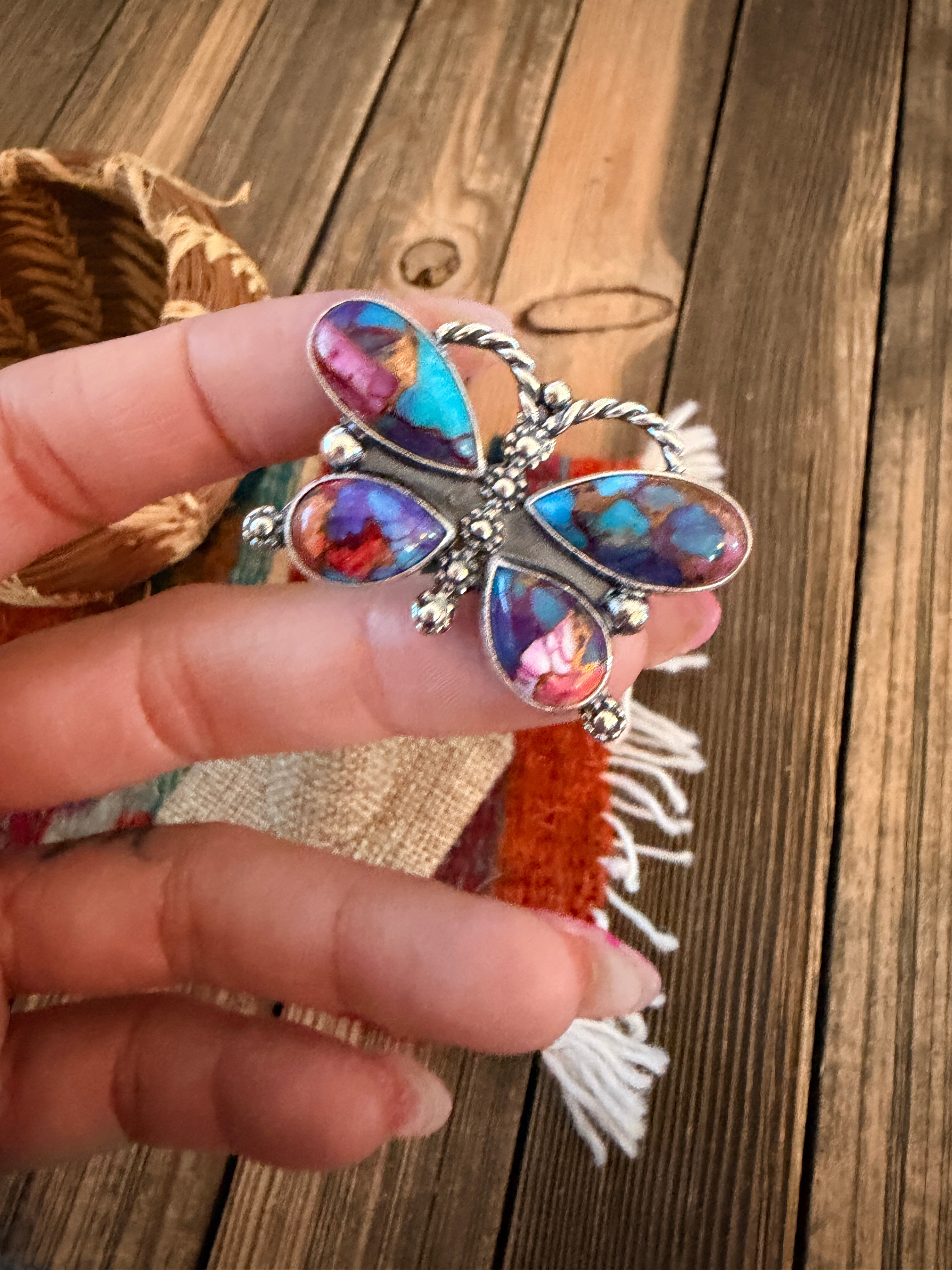 Handcrafted Pink Dream Mojave & Sterling Silver Adjustable Butterfly Ring