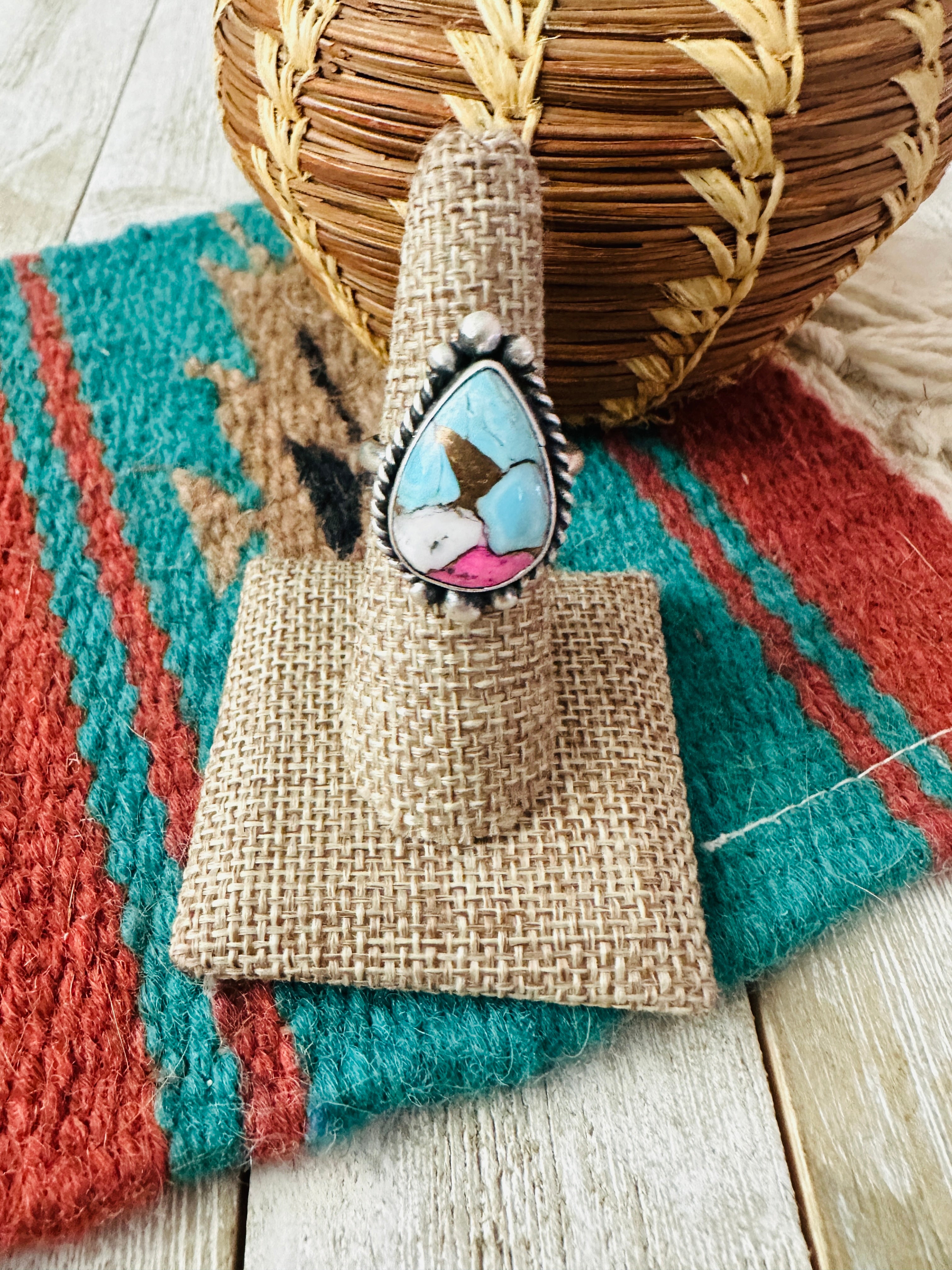 Handcrafted Sterling Silver & Cotton Candy Teardrop Adjustable Ring