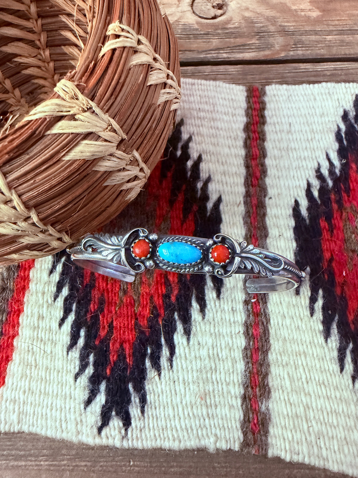 Handcrafted Turquoise, Coral & Sterling Silver Cuff Bracelet