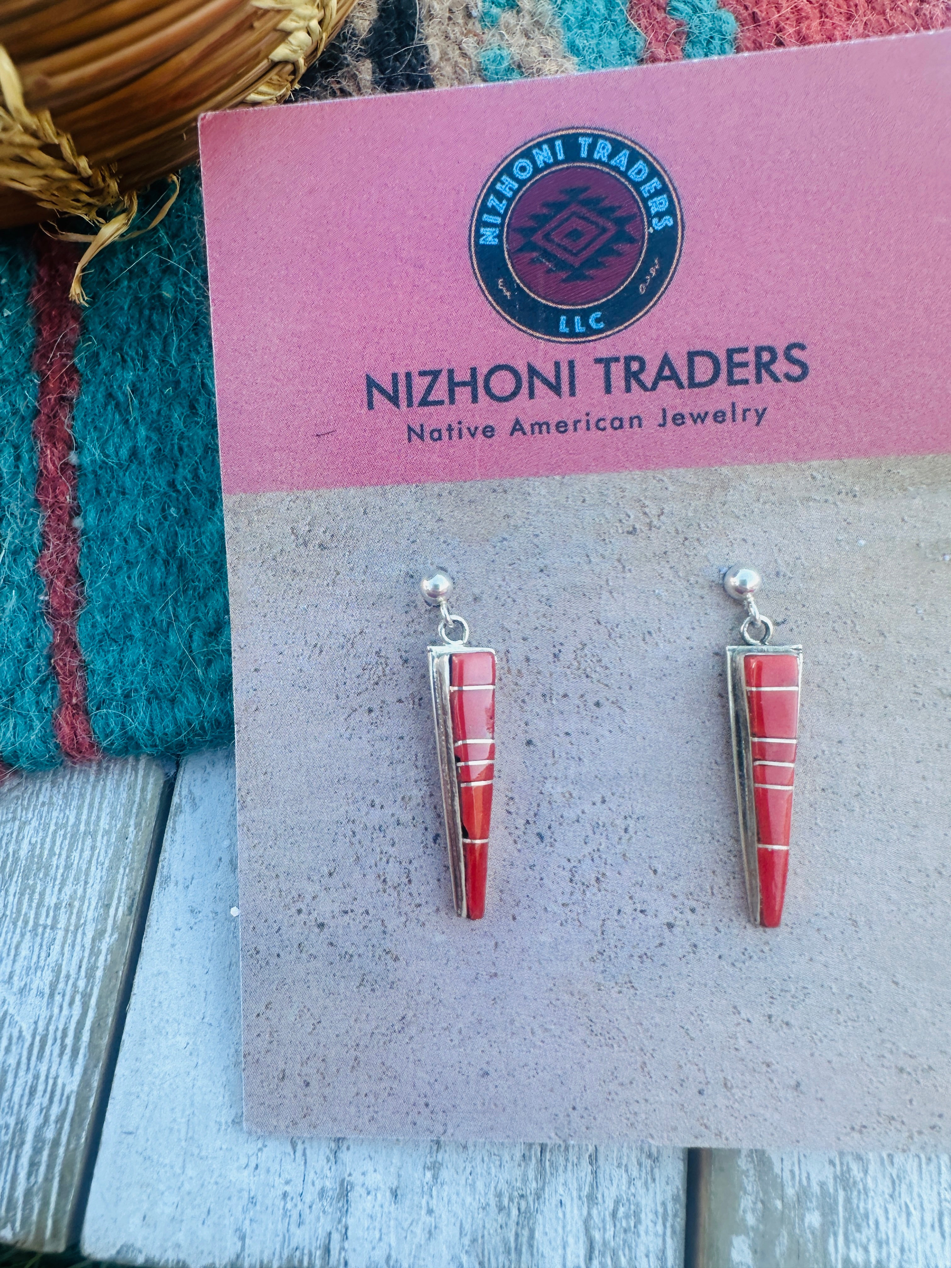 Handcrafted Coral & Sterling Silver Inlay Dangle Earrings