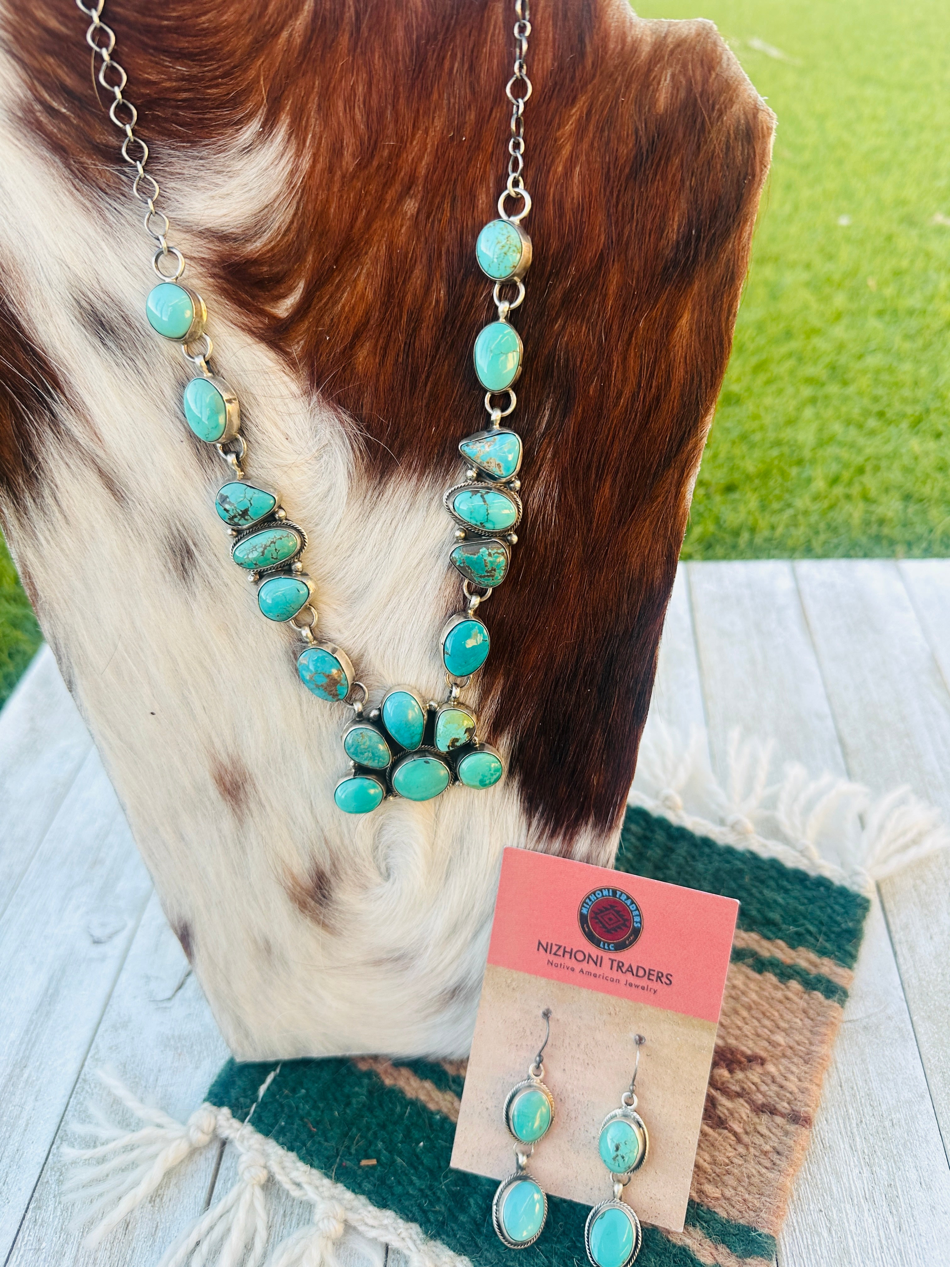 Handcrafted Turquoise & Sterling Silver Cluster Necklace and Earring Set by Ella Peter