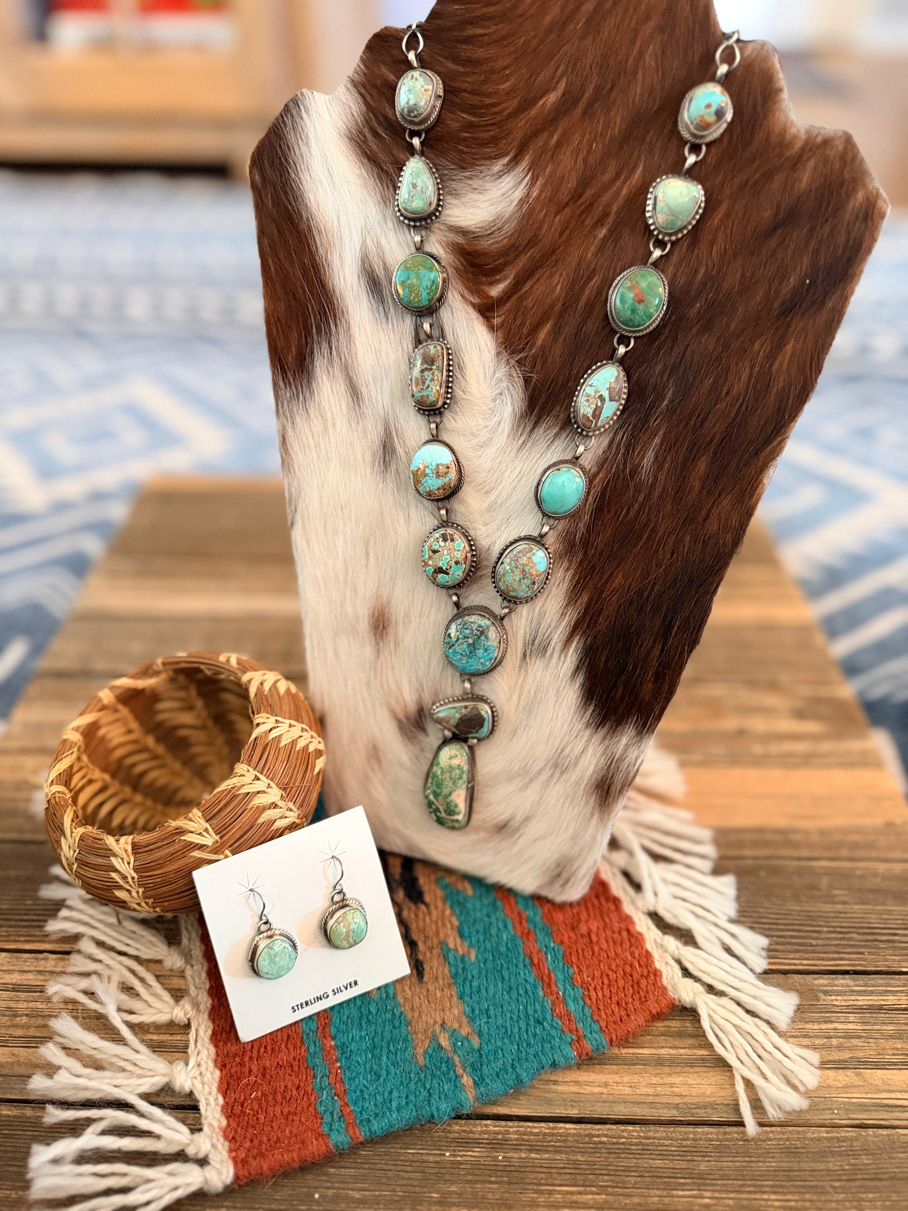 Handcrafted Royston Turquoise & Sterling Silver Necklace and Earring Set by Sheila Becenti