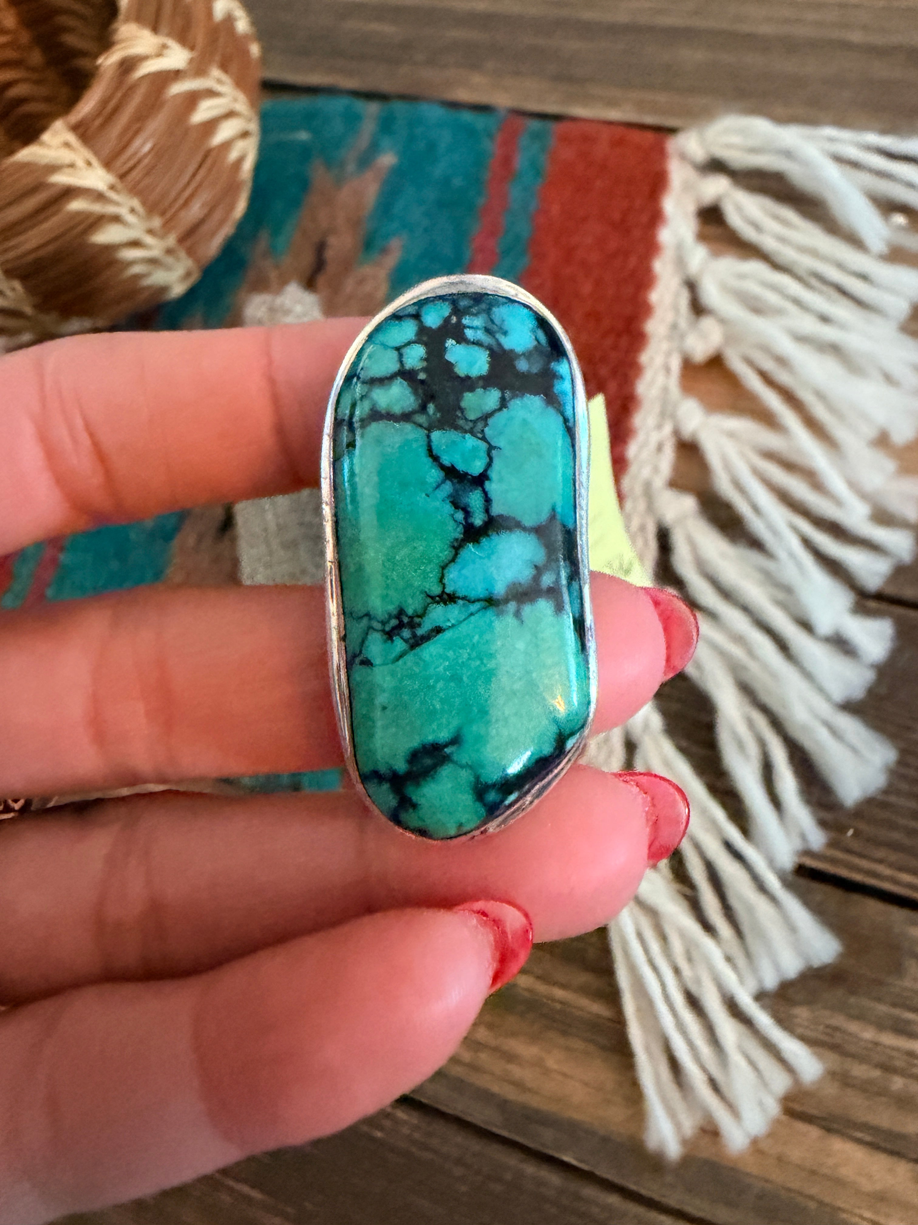 Old Pawn Handcrafted Chinese Spiderweb Turquoise & Sterling Silver Ring Size 8