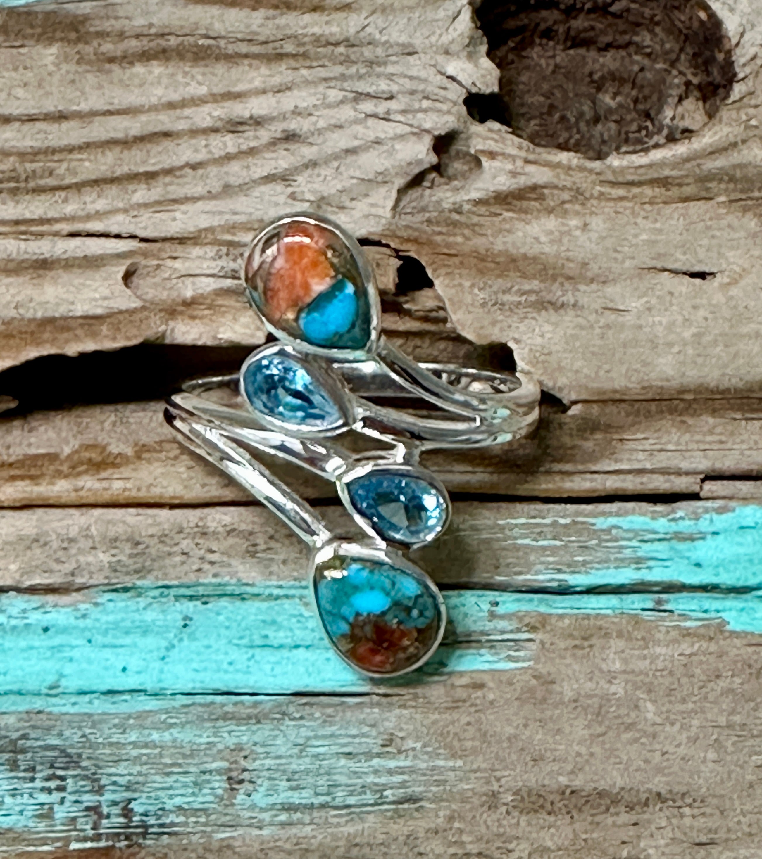Turquoise, Blue Topaz and Spiny Oyster Sterling Silver Ring Size 7.5