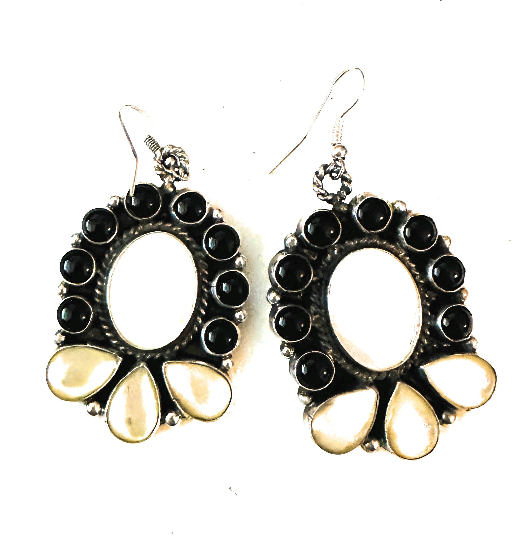 Handcrafted Mother of Pearl, Onyx & Sterling Silver Dangle Earrings