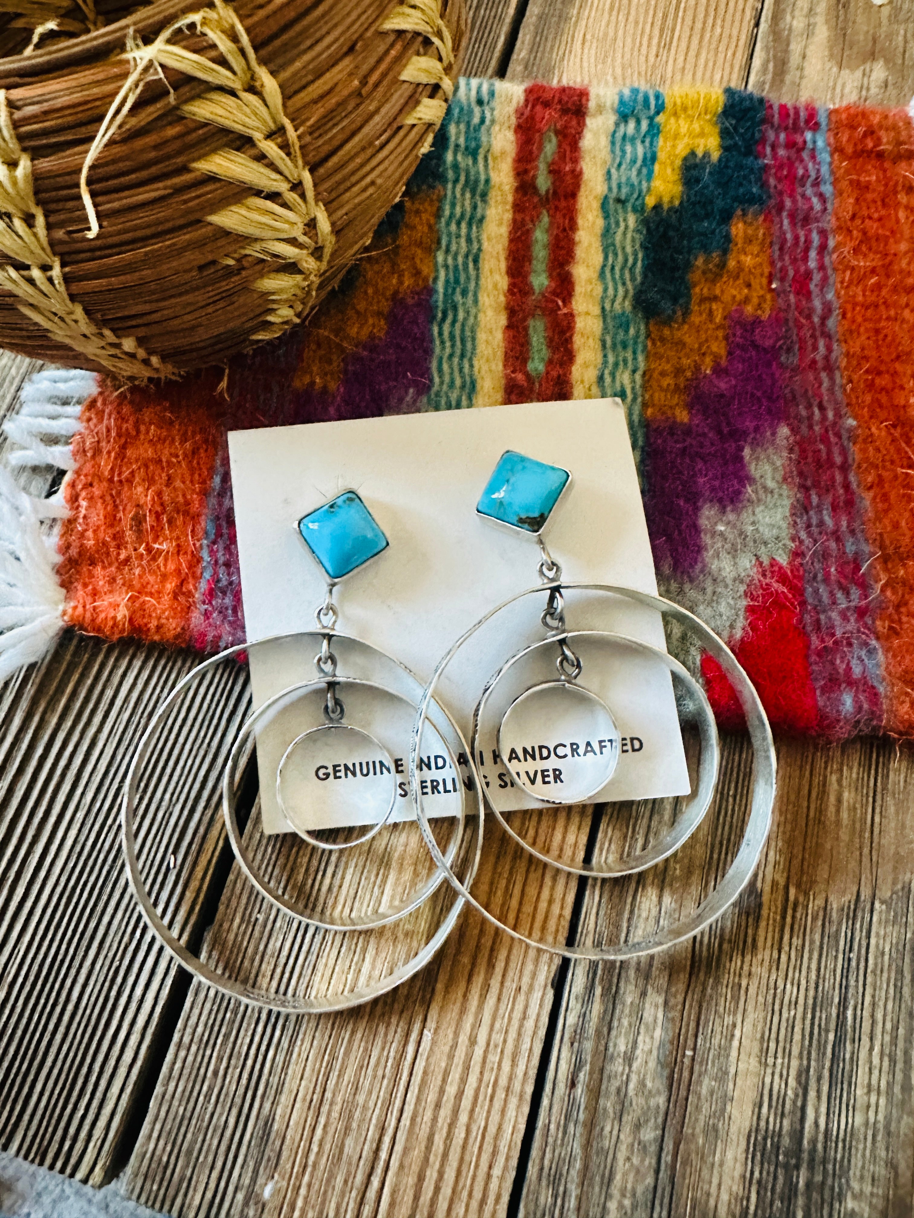 Handcrafted Turquoise & Sterling Silver Dangle Hoop Earrings by Leroy James