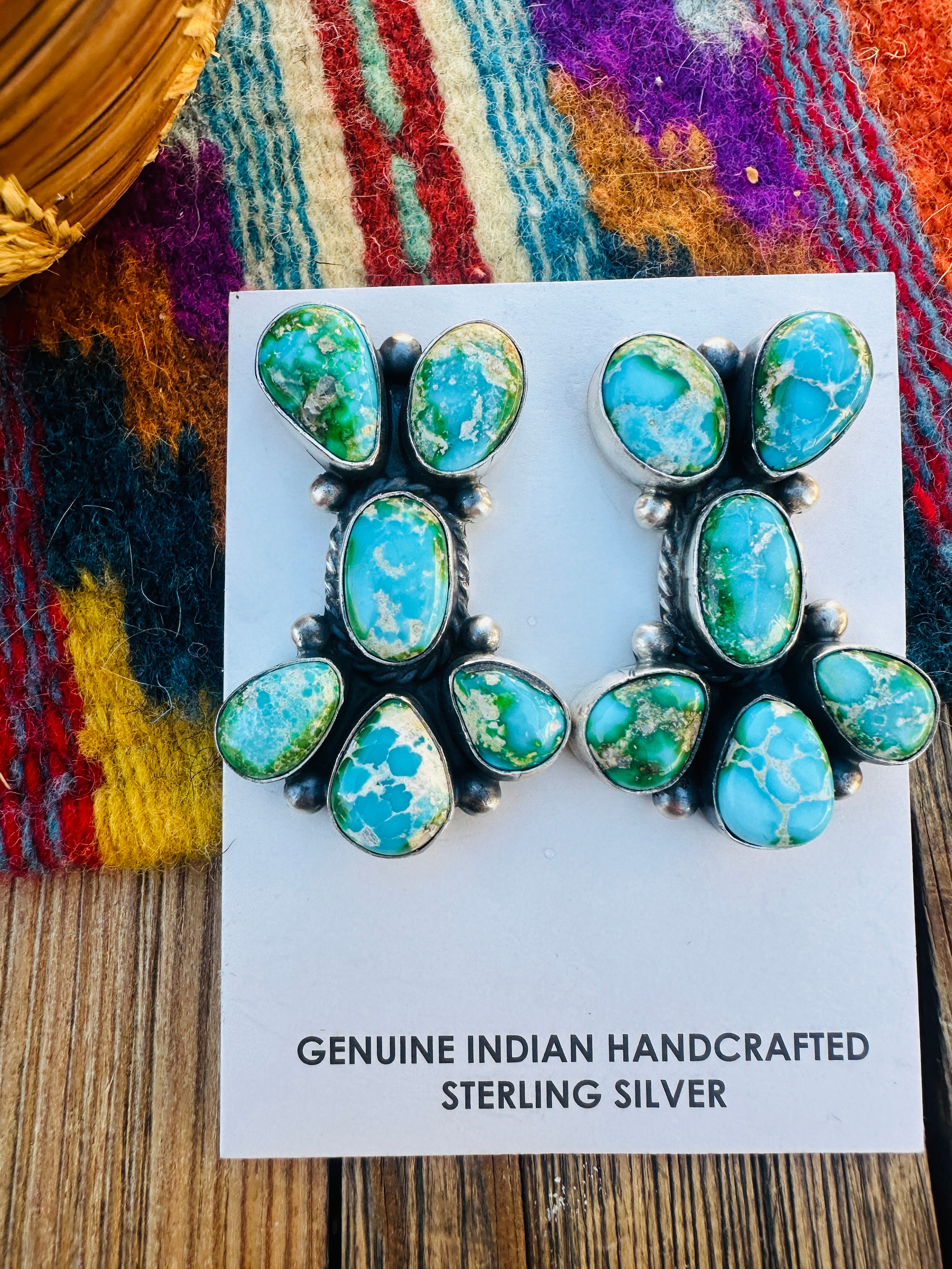 Handcrafted Sonoran Mountain Turquoise & Sterling Silver Cluster Post Earrings by Debra Smith