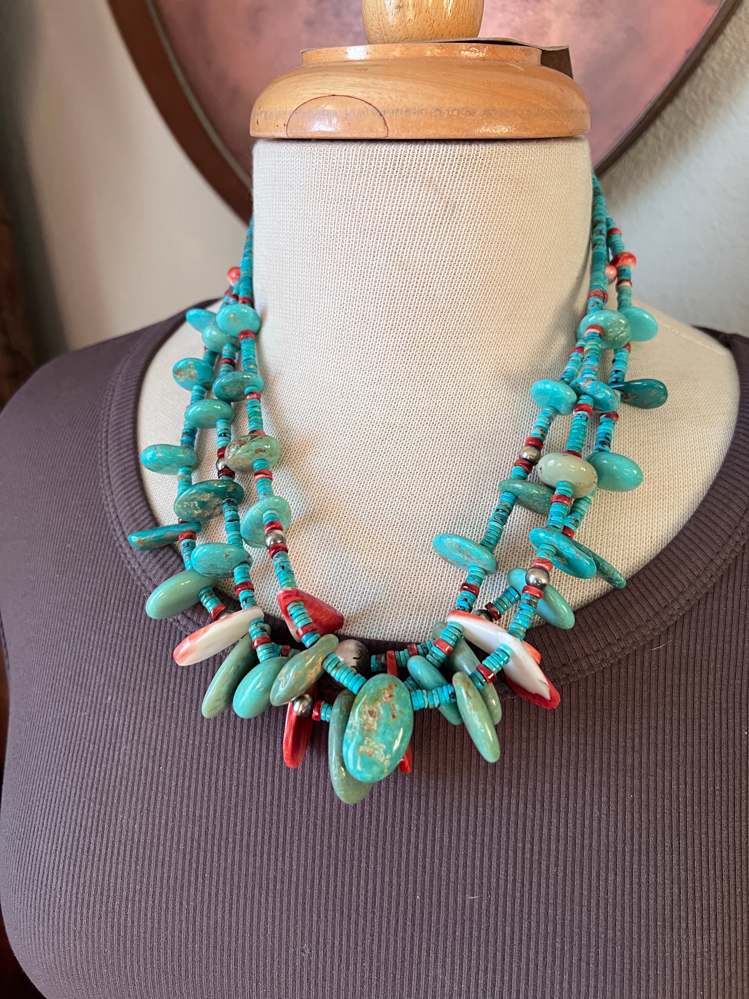 Gorgeous Handcrafted Triple Strand Sterling Silver, Turquoise and Spiny Oyster Beaded Tab Necklace by Daniel Coriz