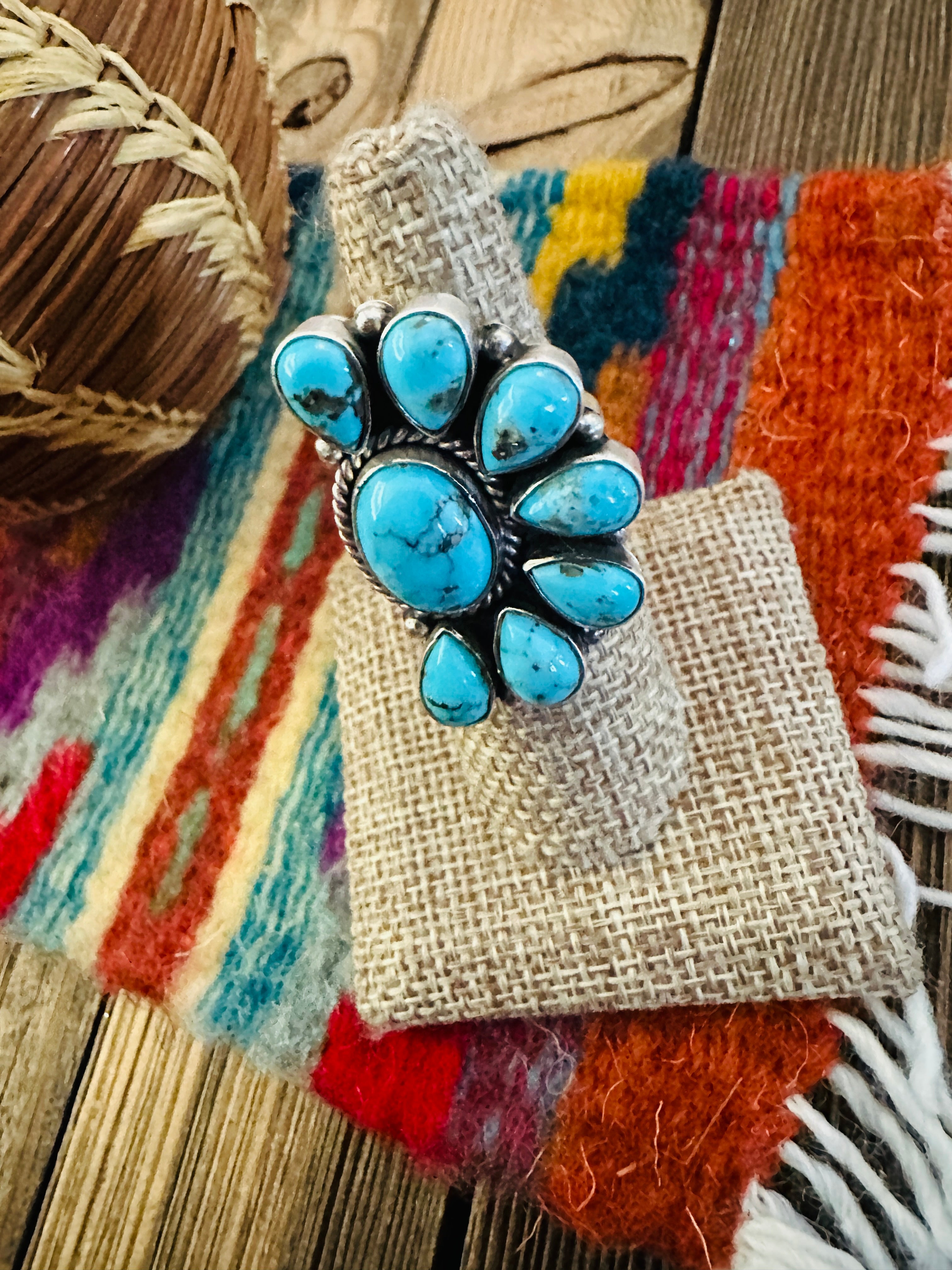 Handcrafted Turquoise & Sterling Silver Adjustable Cluster Ring by Elouise Richards