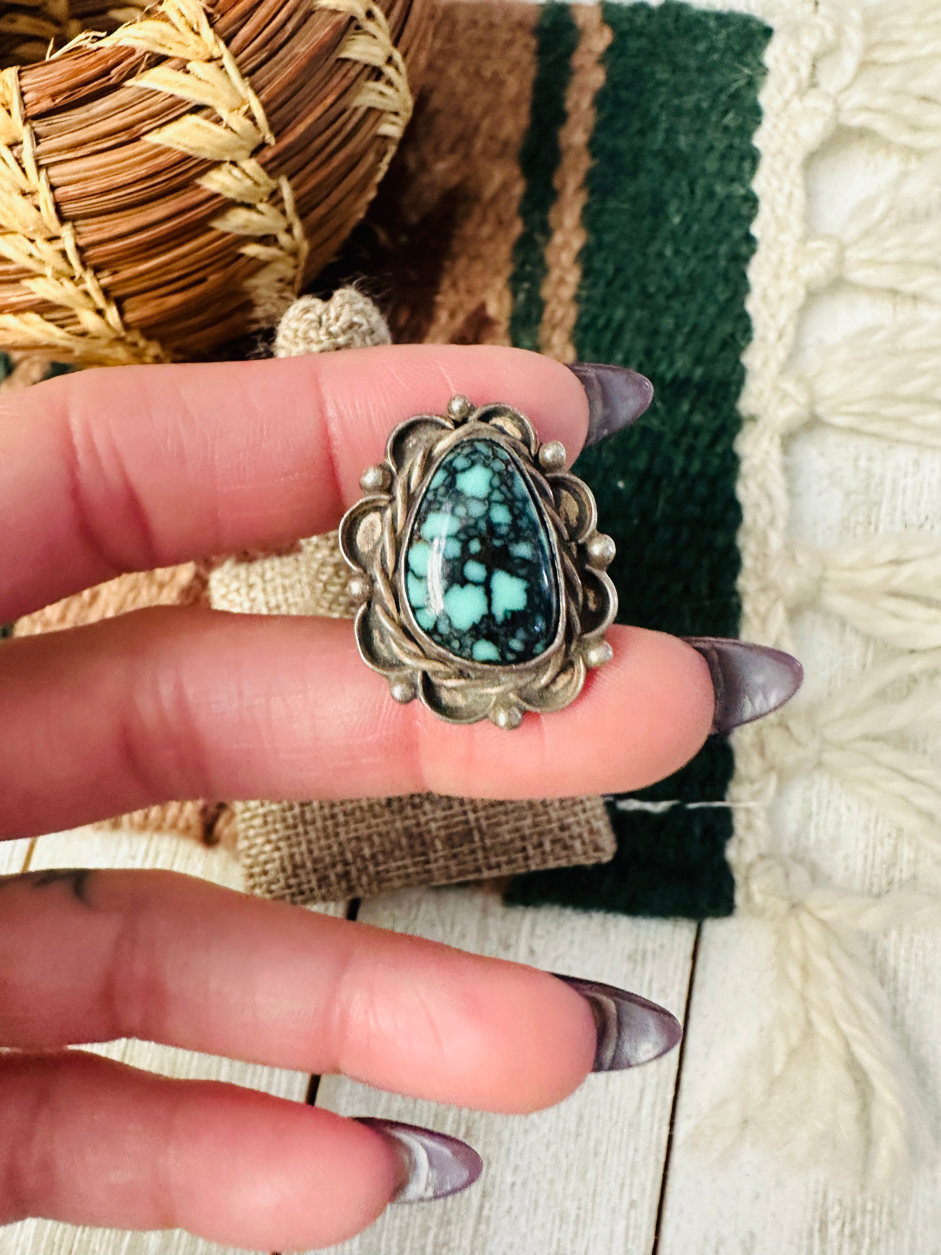 Old Pawn Handcrafted Kingman Web Turquoise & Sterling Silver Ring Size 5.75