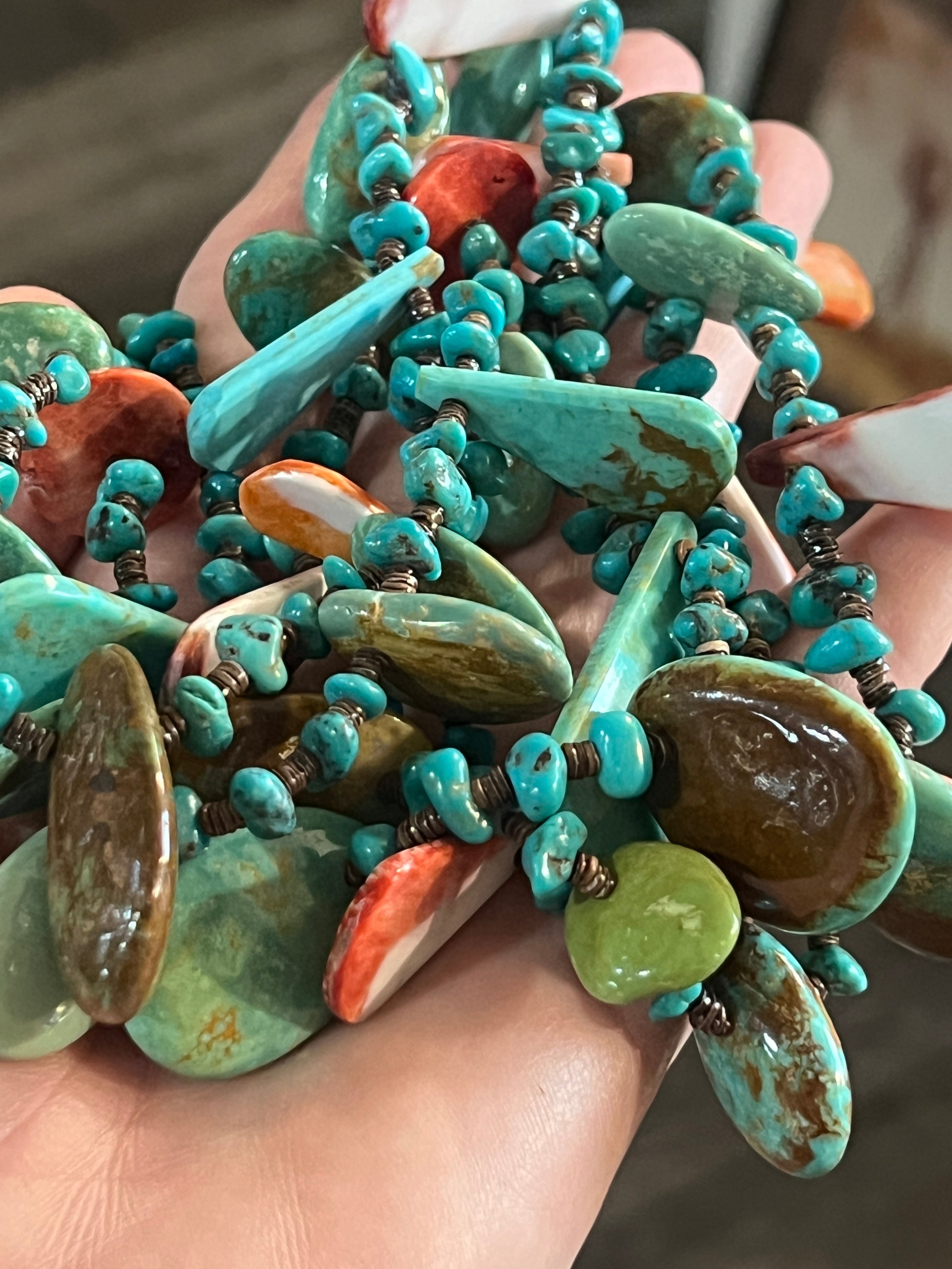 Gorgeous Handcrafted Five Strand Turquoise and Spiny Oyster Beaded Squaw Wrap Necklace with Tabs by Daniel Coriz