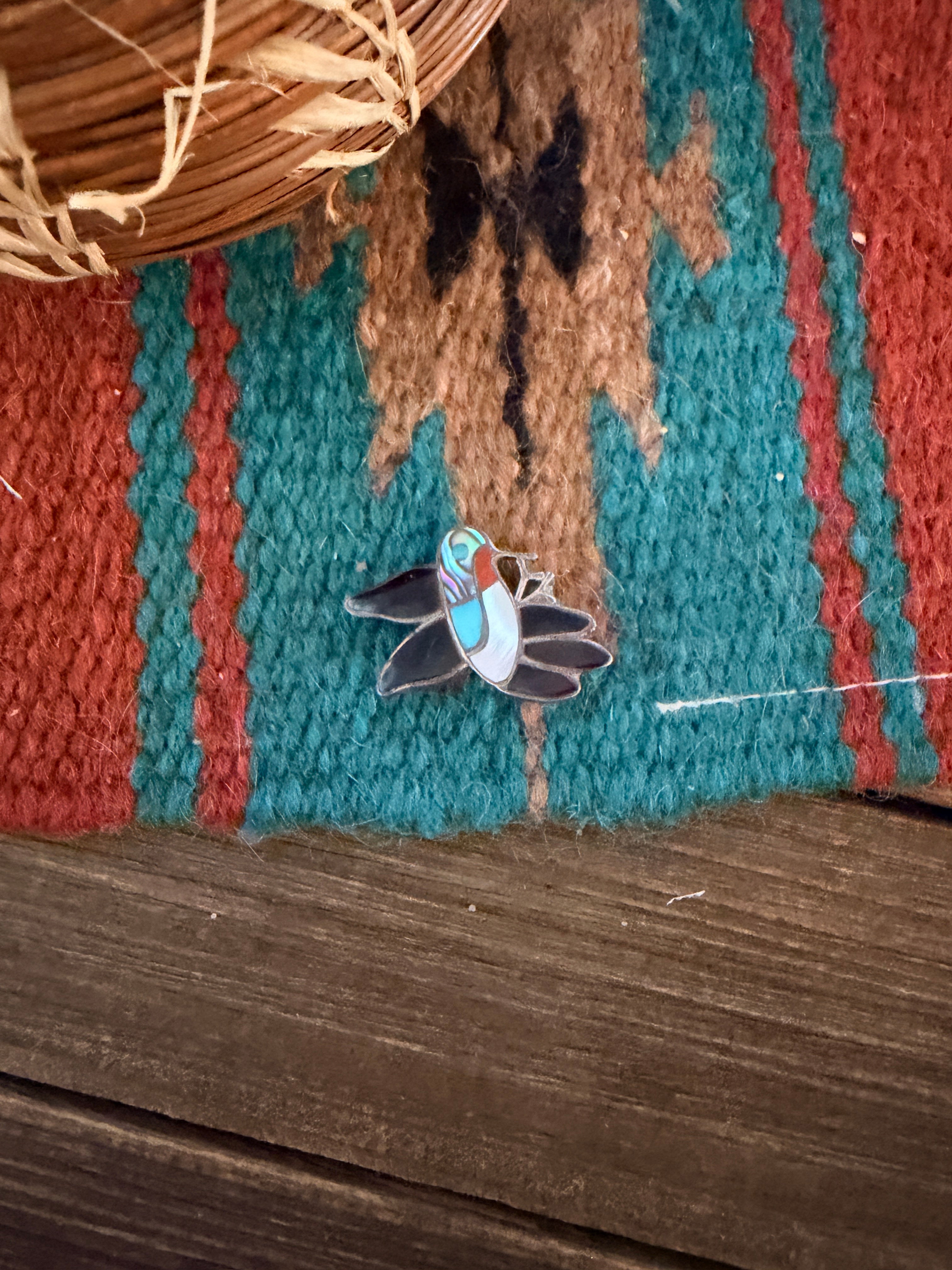 Old Pawn Handcrafted Multi Stone & Sterling Silver Inlay Hummingbird Brooch